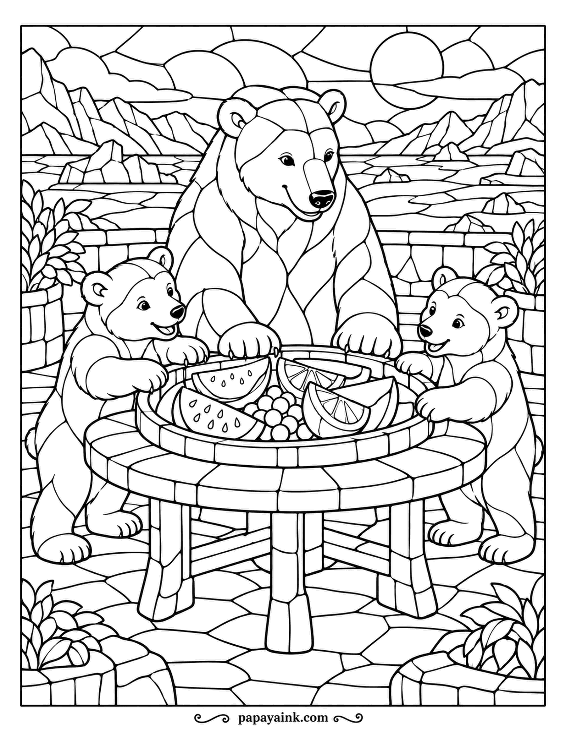 Polar Bear Coloring Pages - Watermelon slices, citrus and grapes on a mosaic table, and a family of three reaching in at once. Every surface, from the hills to the floor, is broken into stained-glass cells. Great with bright jewel tones.