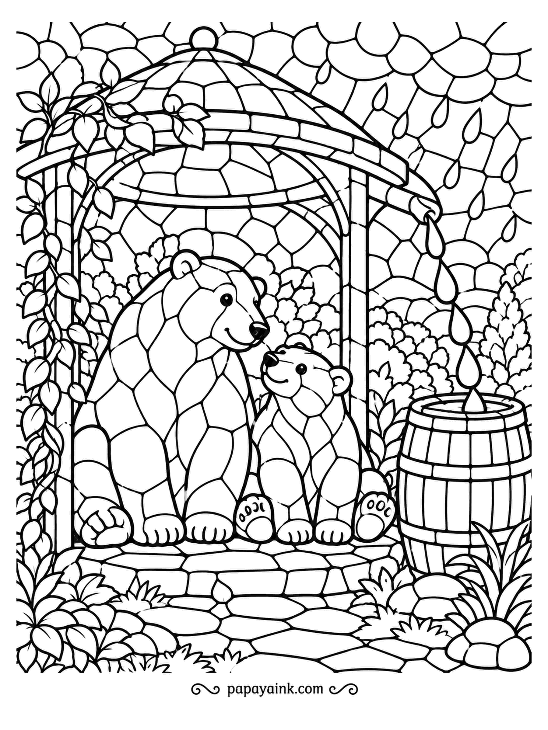 Polar Bear Coloring Pages - Rain drips from the gutter into a barrel while a parent and youngster sit snug under a leafy shelter. Mosaic fur, cobbles and vines keep the pencils busy for hours. Try cool blues for the rain.