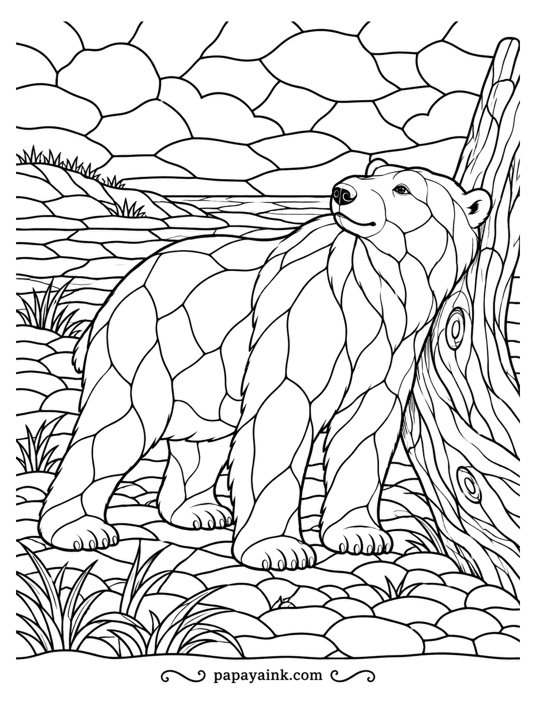 Polar Bear Coloring Pages - Bears often rub against trees to scratch an itch or leave their scent, and this one leans into a gnarled trunk with obvious relief. Stained-glass coat, sky and riverbank. Try icy blues around warm creams.