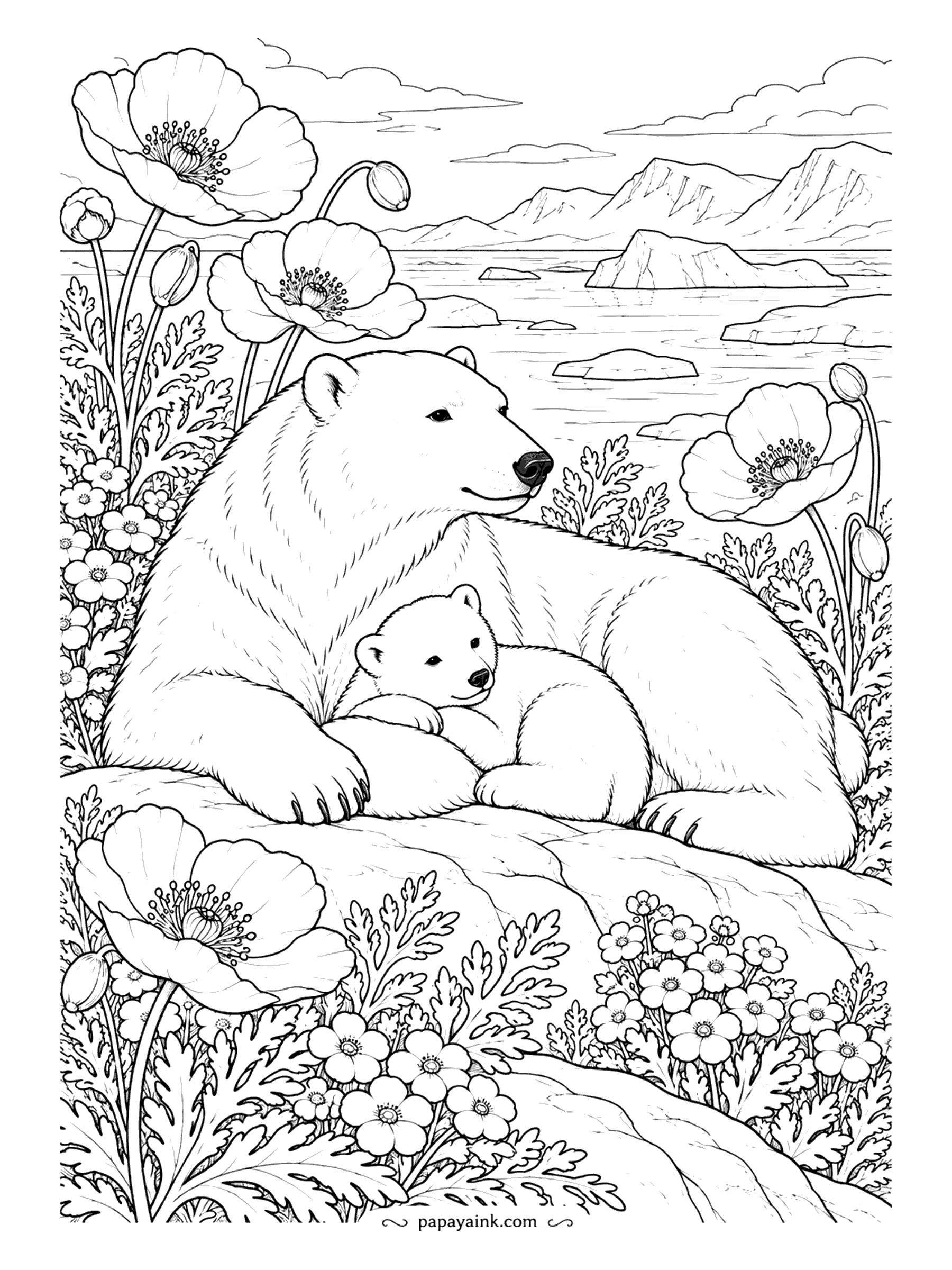 Polar Bear Coloring Pages - Mother and cub rest on a sunny rock in a thicket of Arctic poppies and small tundra blooms, icebergs floating in the bay behind them. Detailed. The flowers carry the color here, so the bears can stay almost untouched.