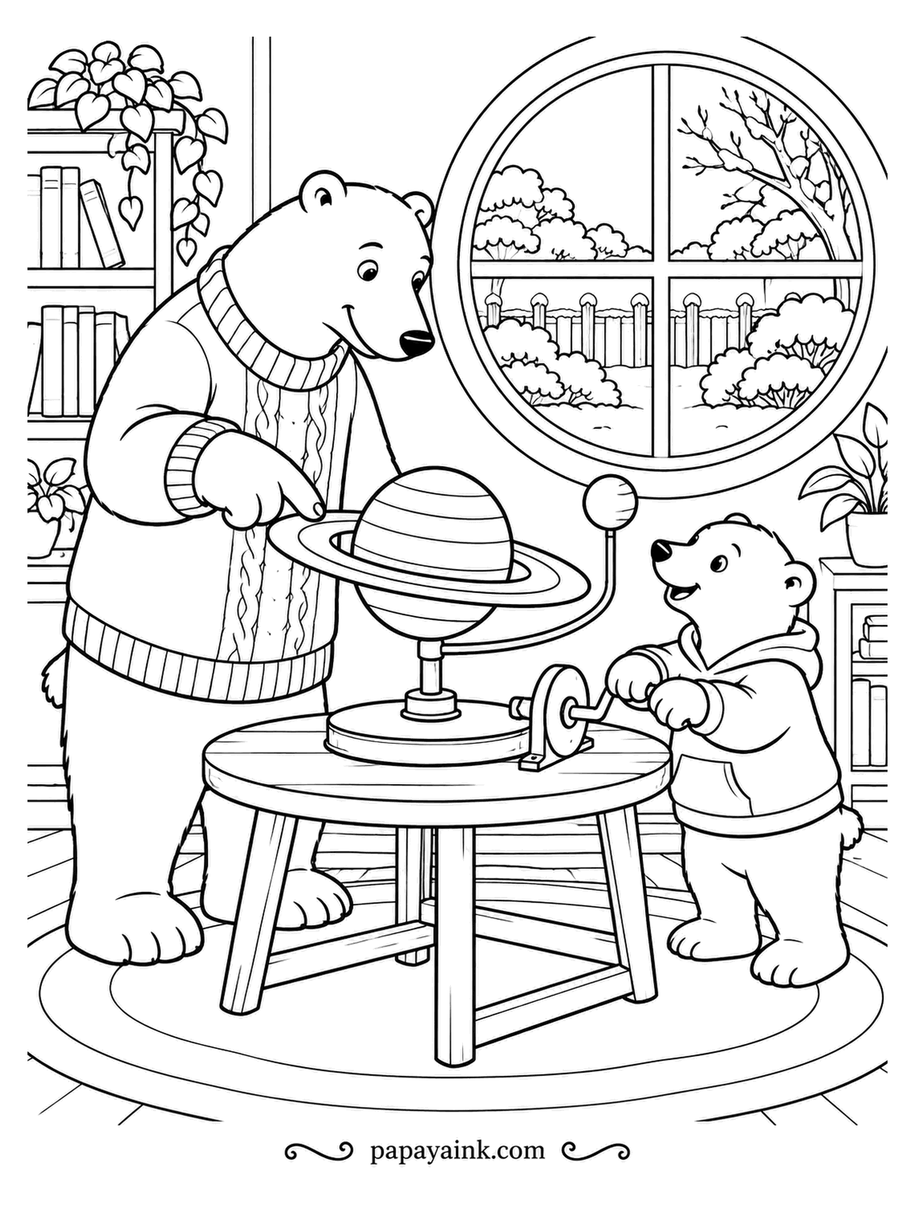 Polar Bear Coloring Pages - A model of Saturn with its rings, and a cub turning the crank to set it moving. The adult in the cable-knit sweater explains how the orbit works. Round window, bookshelves and plants.