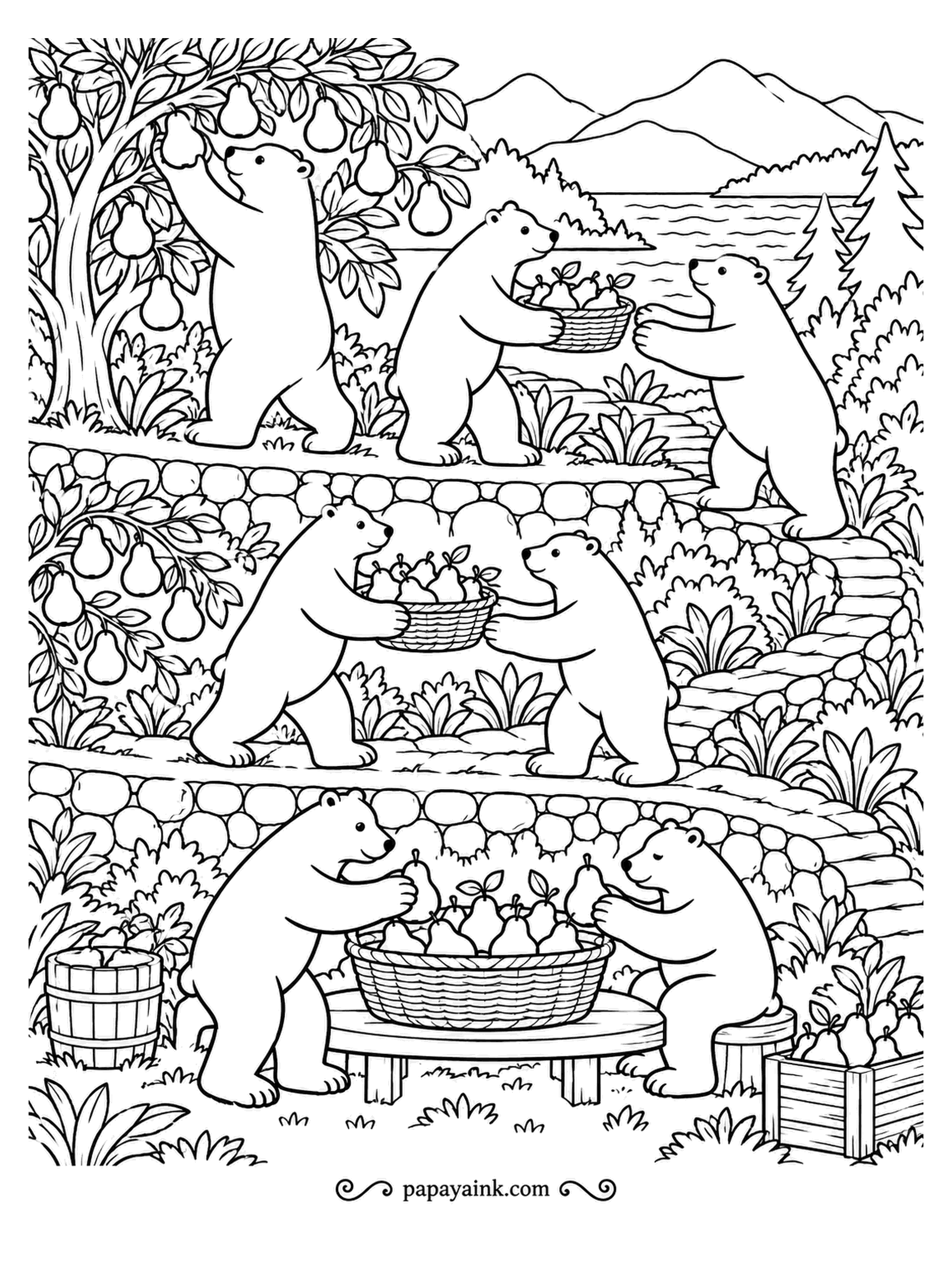 Polar Bear Coloring Pages - Pear harvest on three terraces: one bear reaches into the tree, two pass a basket, and the last pair sorts the fruit at a little table. Rows of stone walls and leaves - a long, rewarding page.