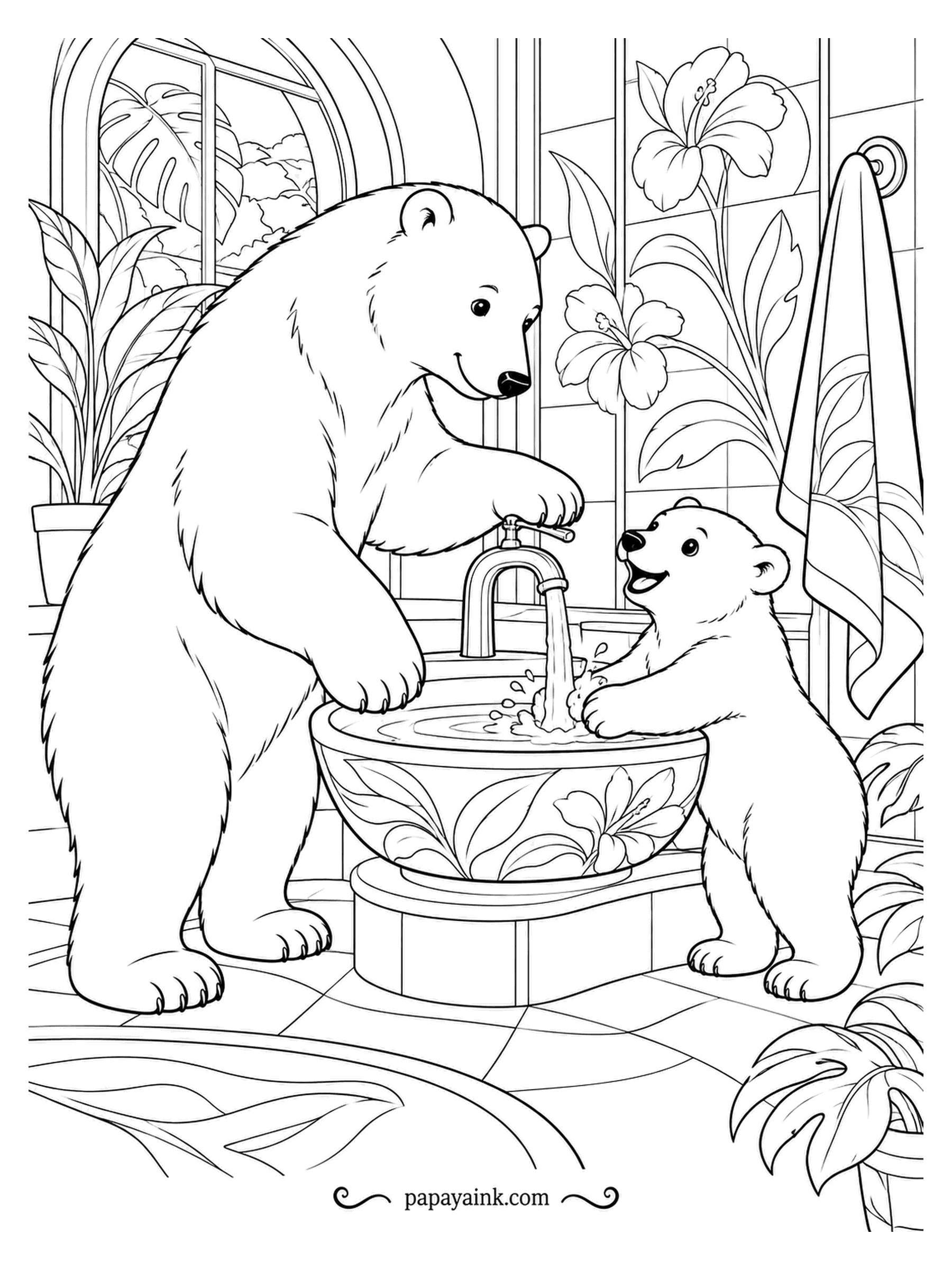 Polar Bear Coloring Pages - Paws first, then everything else: the parent turns the tap over a patterned basin, and the cub splashes in happily. Tropical leaves and a towel on the hook. Polar bears groom often, since clean fur insulates best.