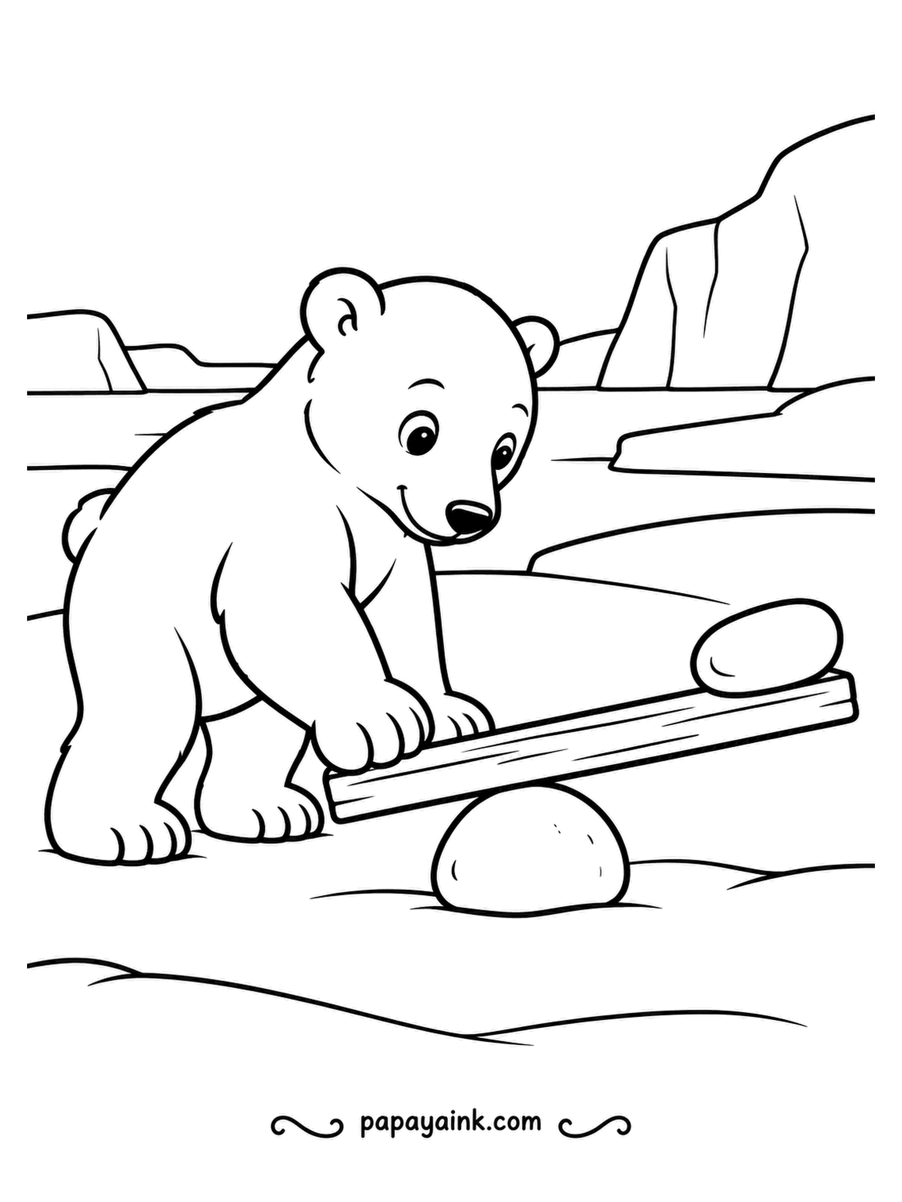 Polar Bear Coloring Pages - A plank over one pebble, a second pebble on the end, and a cub testing the balance with both paws. Simple ice and snow in the background. Thick lines, made for little hands.