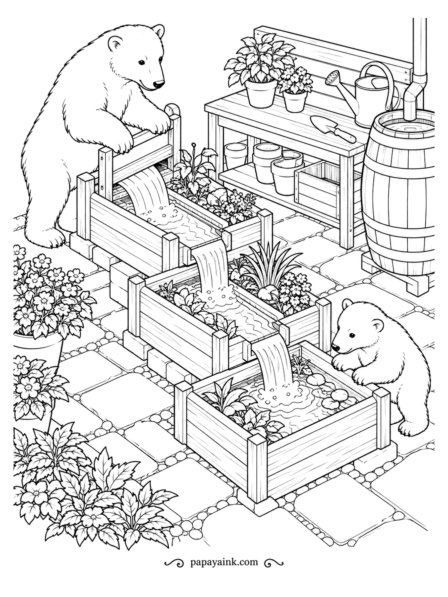 Polar Bear Coloring Pages - Water spills from one wooden planter to the next, and two bears keep an eye on the flow. A rain barrel, a potting bench and spare pots complete the garden. Isometric, crisp and detailed.