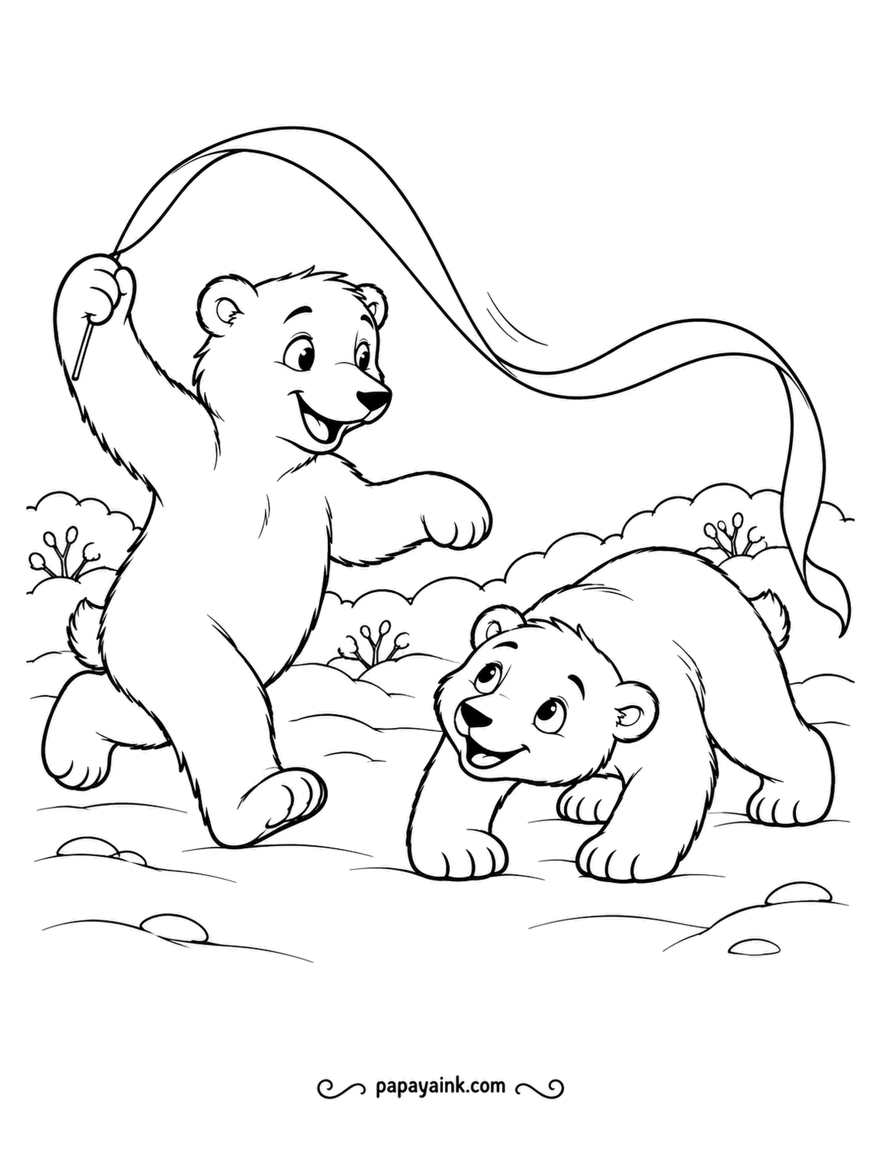 Polar Bear Coloring Pages - Ribbon wand held high, playmate in hot pursuit. The two cubs chase across the snow, and the ribbon loops through the air above them. Friendly cartoon shapes, simple to fill.