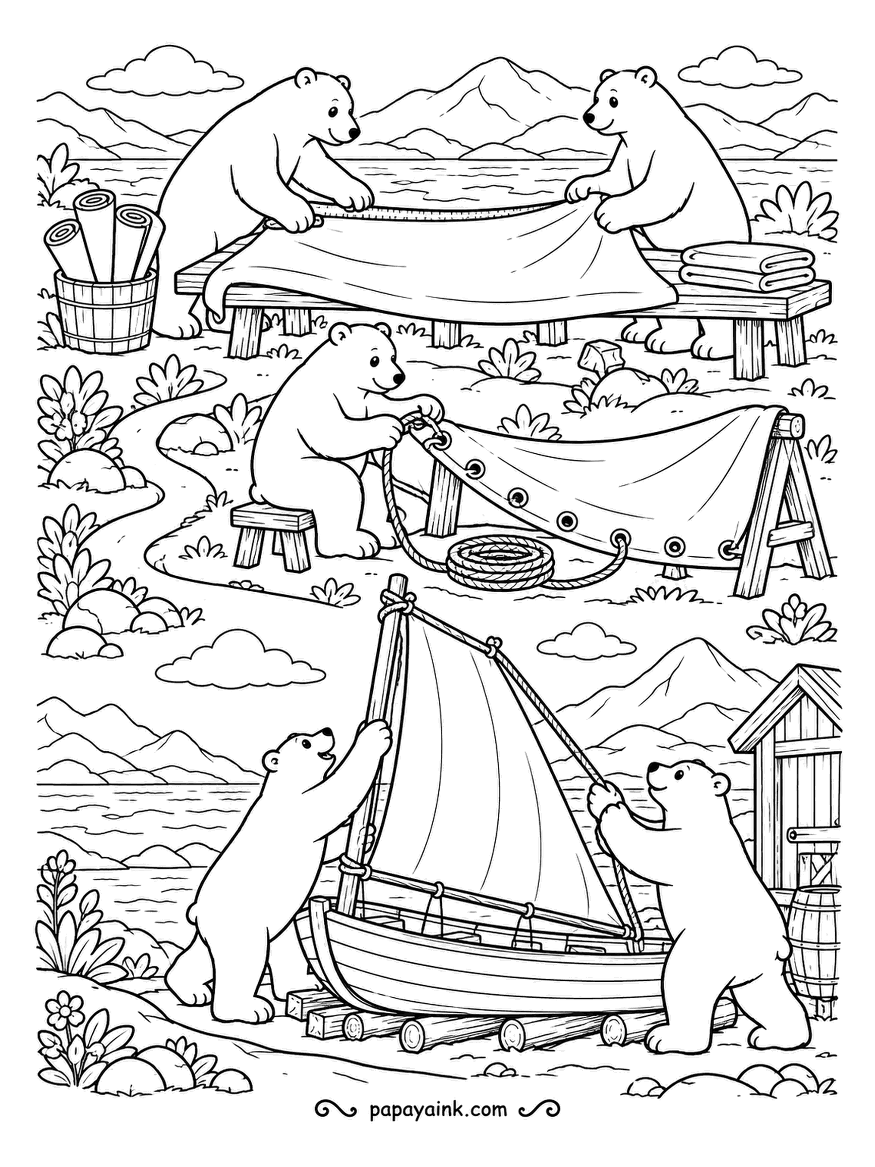 Polar Bear Coloring Pages - Getting the boat ready for summer: two bears stretch out a sail, one threads rope through the grommets, and two cubs raise the mast on the beach. Busy bands of sand, water and hills.