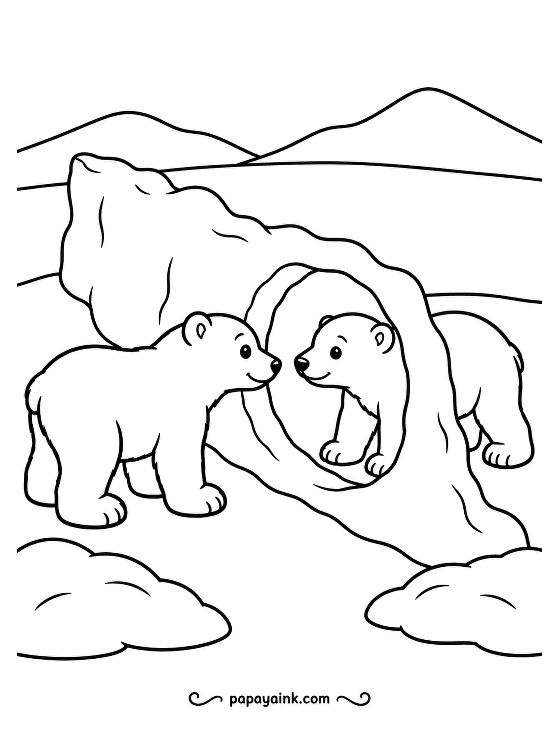 Polar Bear Coloring Pages - An arch in the snowbank makes a perfect window, and one cub pokes its head through to say hello to the other. Huge simple shapes, quick to color.