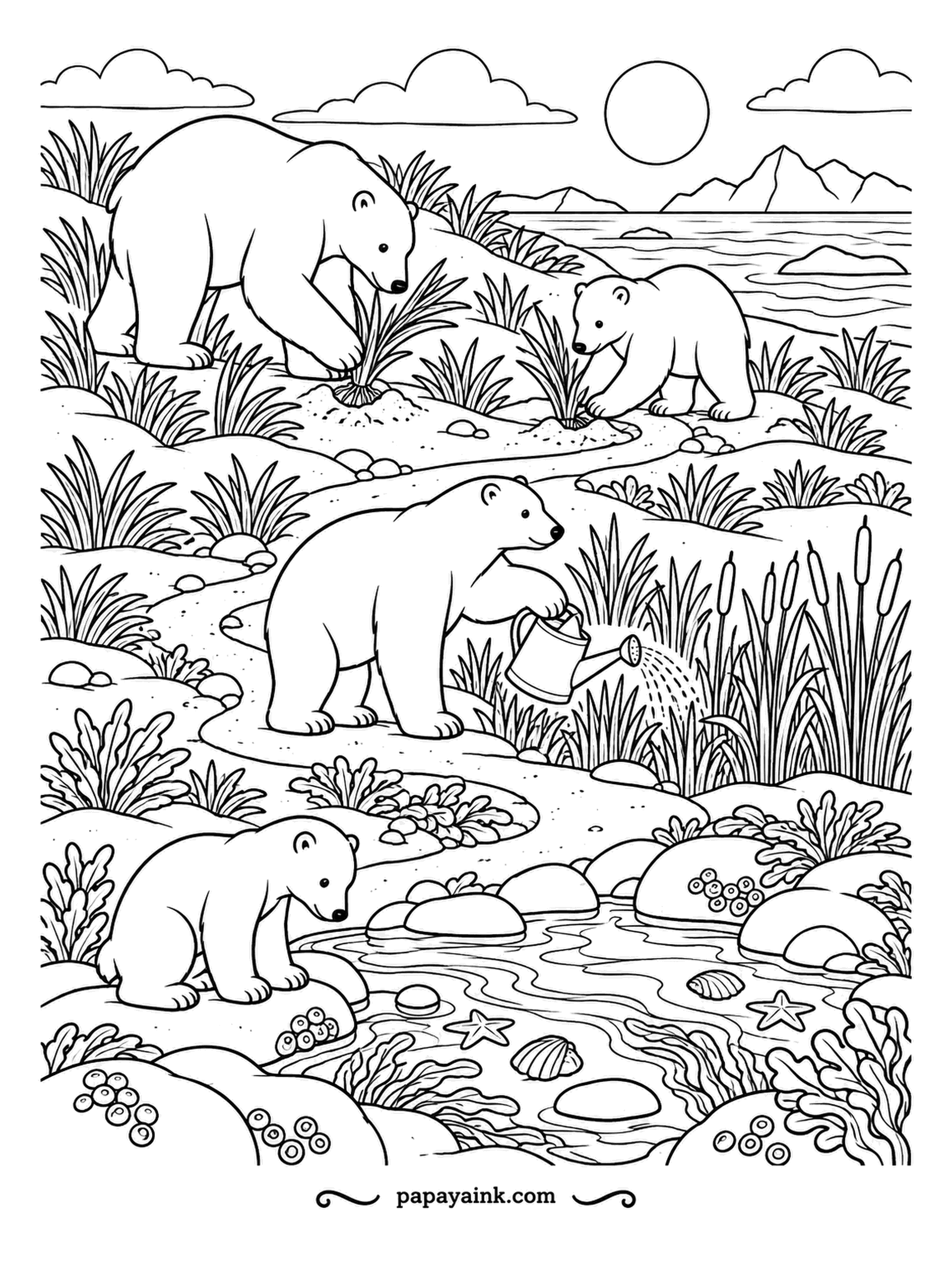 Polar Bear Coloring Pages - A whole family busy on the shore: one tends the grasses, one waters with a can, and two cubs explore tide pools full of shells and starfish. Polar bears are strong swimmers that live mostly along coasts. Banded grass and stones.