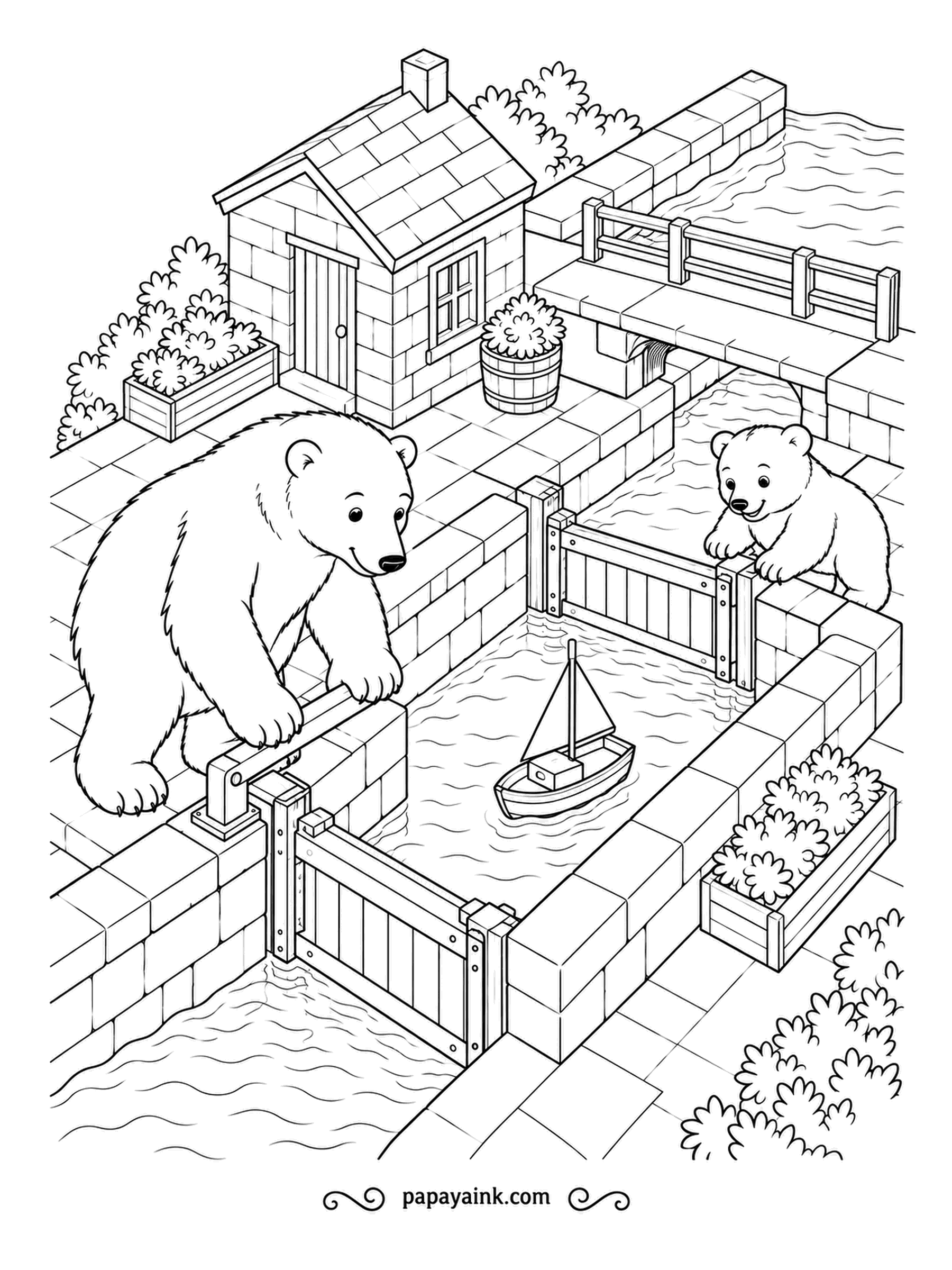 Polar Bear Coloring Pages - A toy sailboat waits in the lock while the bear works the gate and the cub peeks over the far wall. Isometric brick, a little lock-keeper's cottage and flower boxes - careful, satisfying detail.