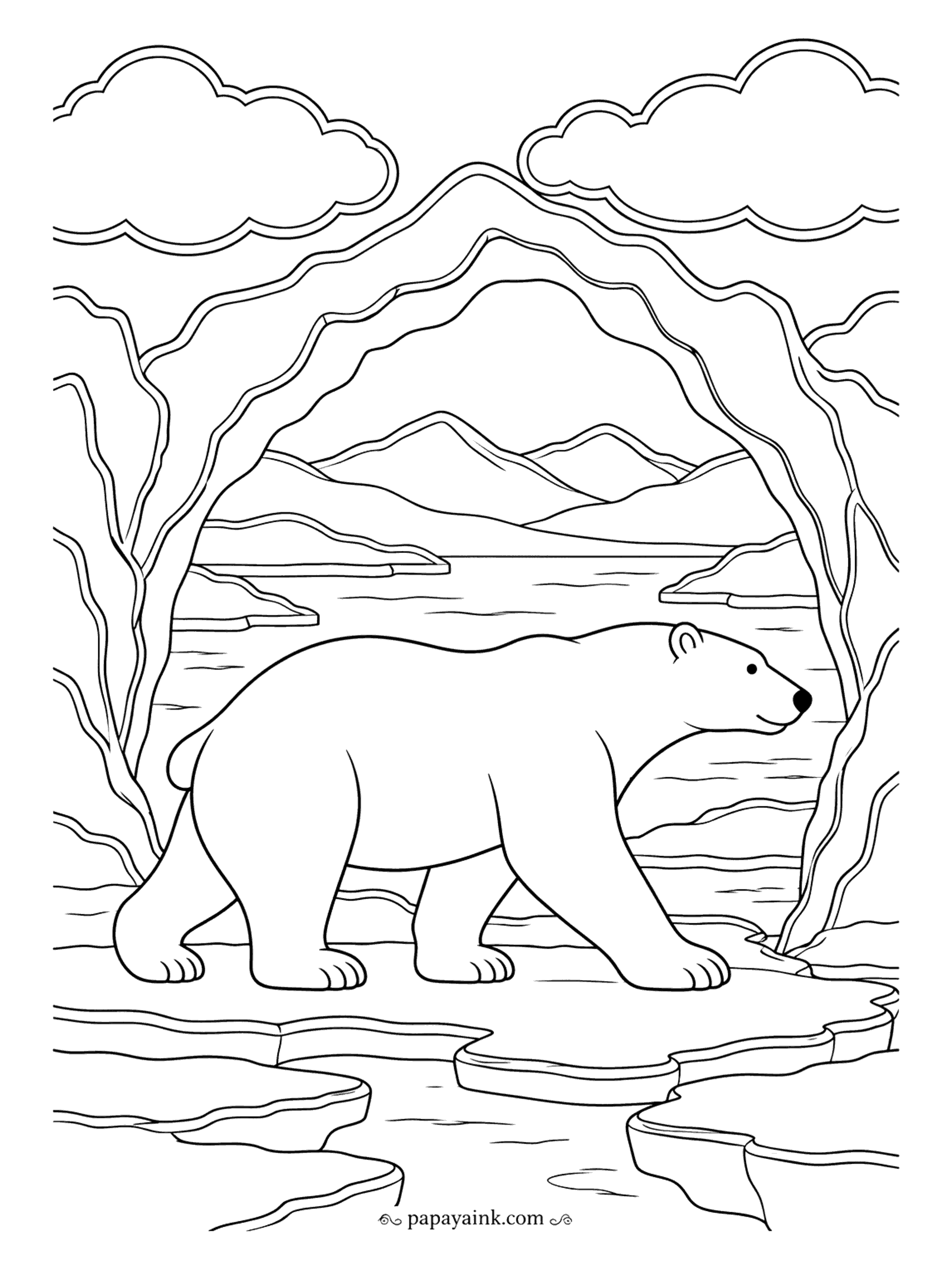 Polar Bear Coloring Pages - Under a twisted arch of ice the bear pads across a floe toward open water, mountains and clouds stacked behind. Few lines and lots of space: a relaxed page for a first try or for very young hands.
