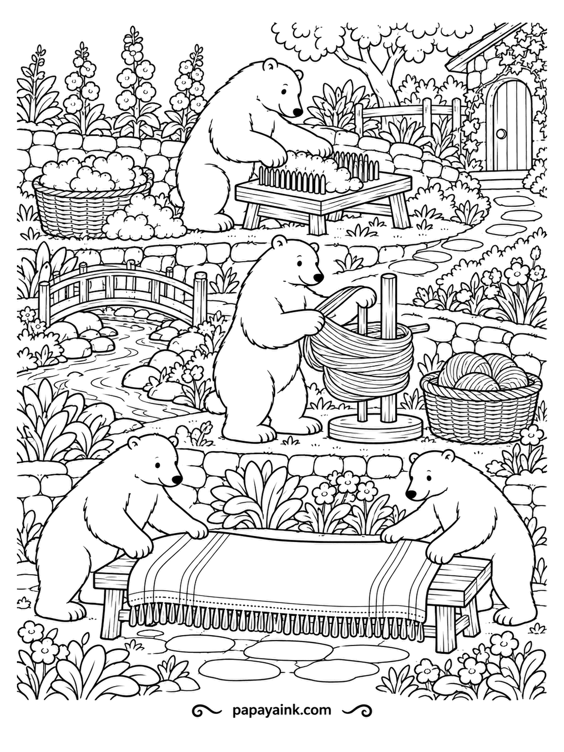 Polar Bear Coloring Pages - Wool day in the village: one bear cards fleece, one winds yarn on a skein winder, and two spread a finished woven blanket on a bench. Stone walls, a bridge and a cottage door - a cozy page with plenty to fill.