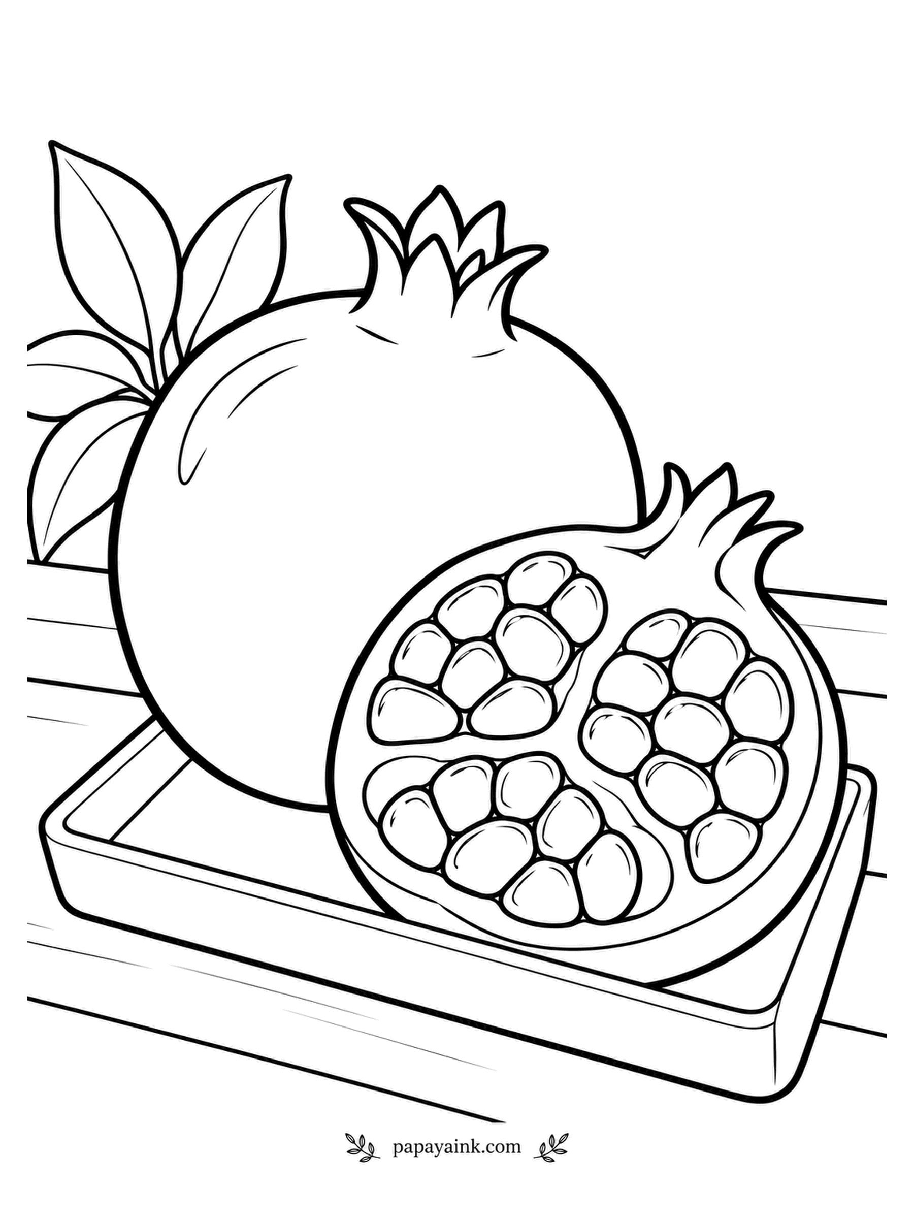 Fruit Coloring Pages - Crowned with its own little calyx, a whole pomegranate sits beside a half packed with arils on a garden tray, leaves at the corner. Each aril is a ruby bead - color them deep red and leave a white spark on every one. Detailed.