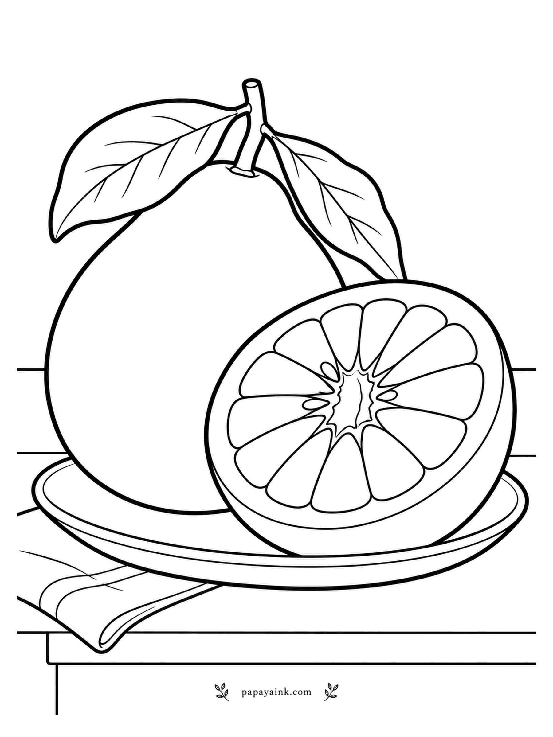 Fruit Coloring Pages - The largest citrus there is, a pomelo sits whole on a plate beside its half, with a cloth sliding off the counter. The pith is very thick, so leave a wide white ring between the rind and the pale pink segments.