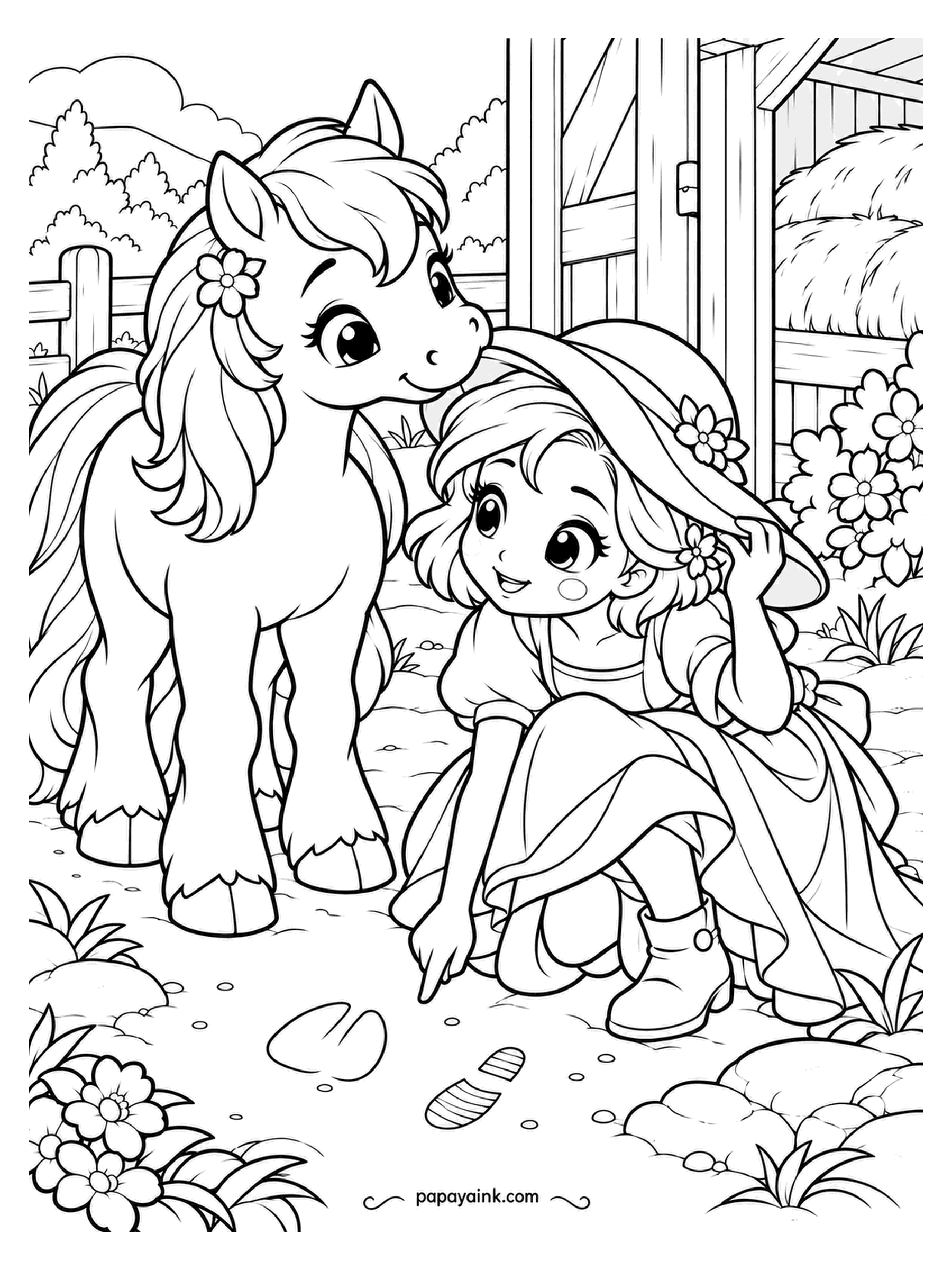 Kawaii Princess Coloring Pages - Detective work in the stable yard. The princess has found a hoofprint beside her own shoe print and is comparing them; the pony, flower tucked in her mane, leans down to confirm the evidence. Wide sun hat, wide skirt - both for one soft color.