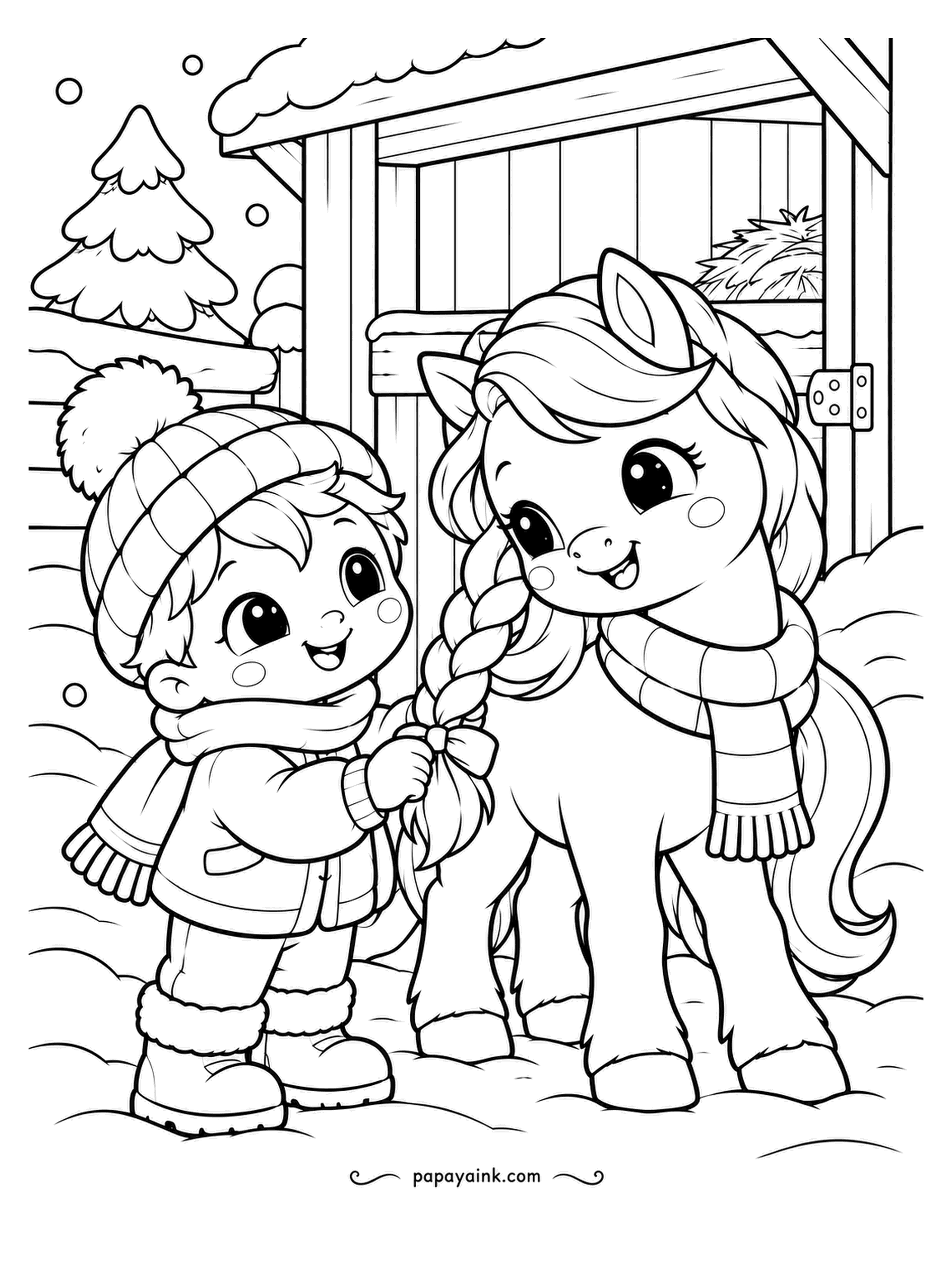 Cute Winter Coloring Pages - Braiding the pony's mane at the stable door: a boy in a bobble hat ties off a plait with a bow while she holds still. Hay in the loft, fir by the gate. Chestnut pony, a colored ribbon, snow on the roof.