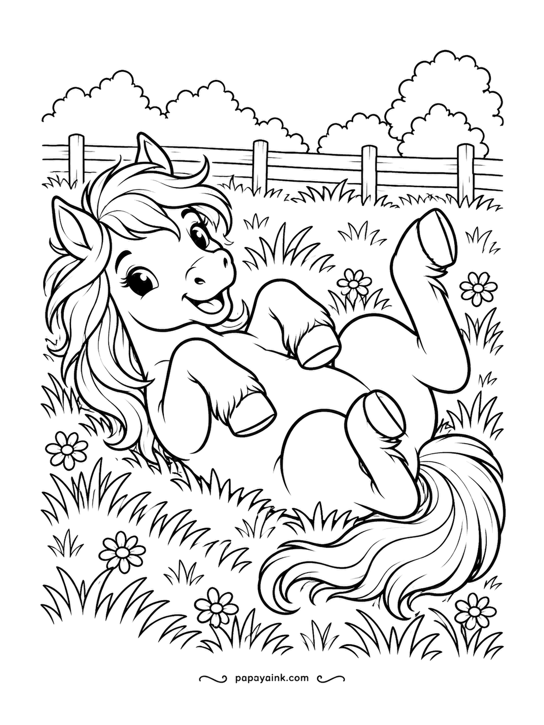 Farm Coloring Pages - Pony on its back in the grass, all four hooves in the air and the mane fanned out like it was arranged. This is what a pony does after a bath. Big open shapes, so markers work well; try palomino gold with a cream mane.