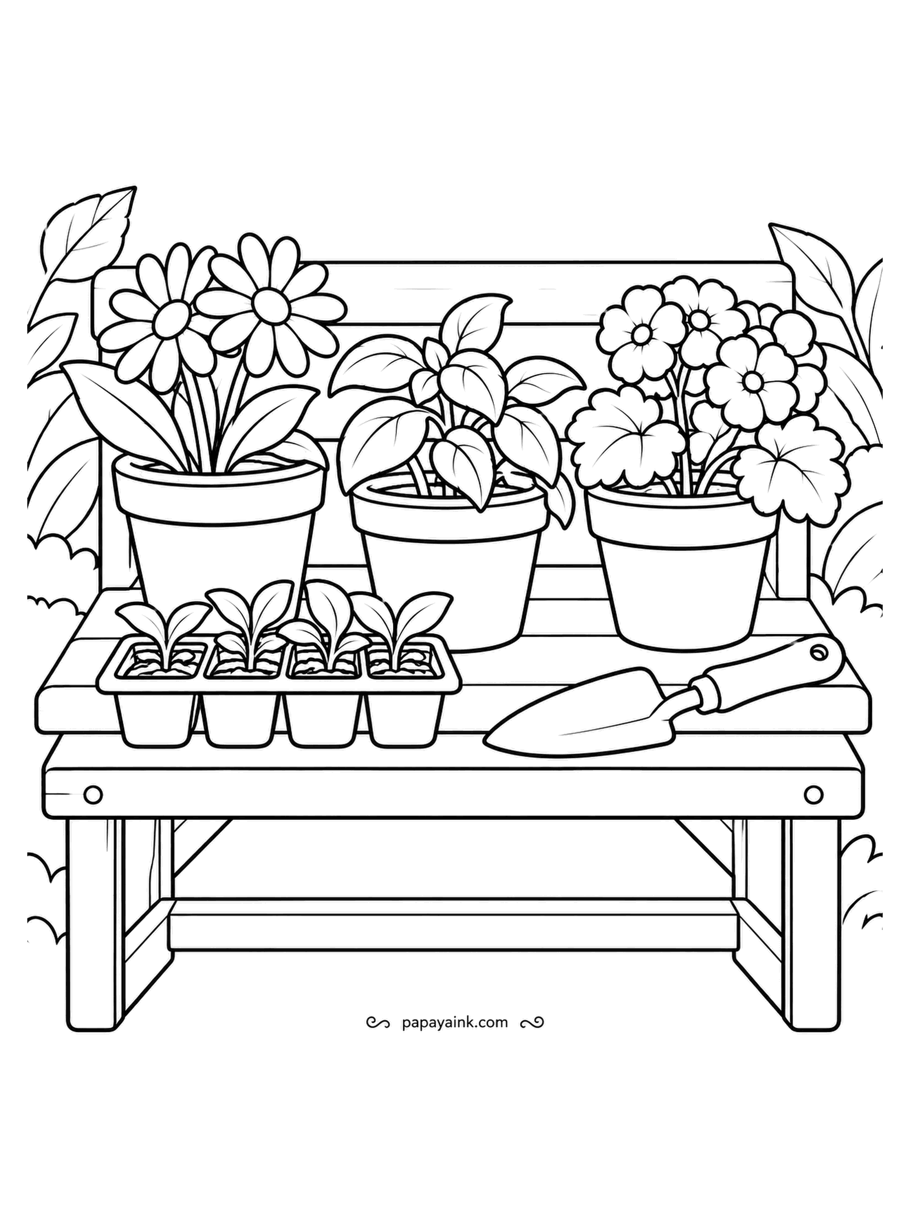 Garden Coloring Pages - Work table of a gardener in spring: three pots in bloom on the shelf, a tray of seedlings in their cells and a trowel ready to go. Natural pine for the bench, terracotta for the pots, and the seedlings in the brightest green you have.