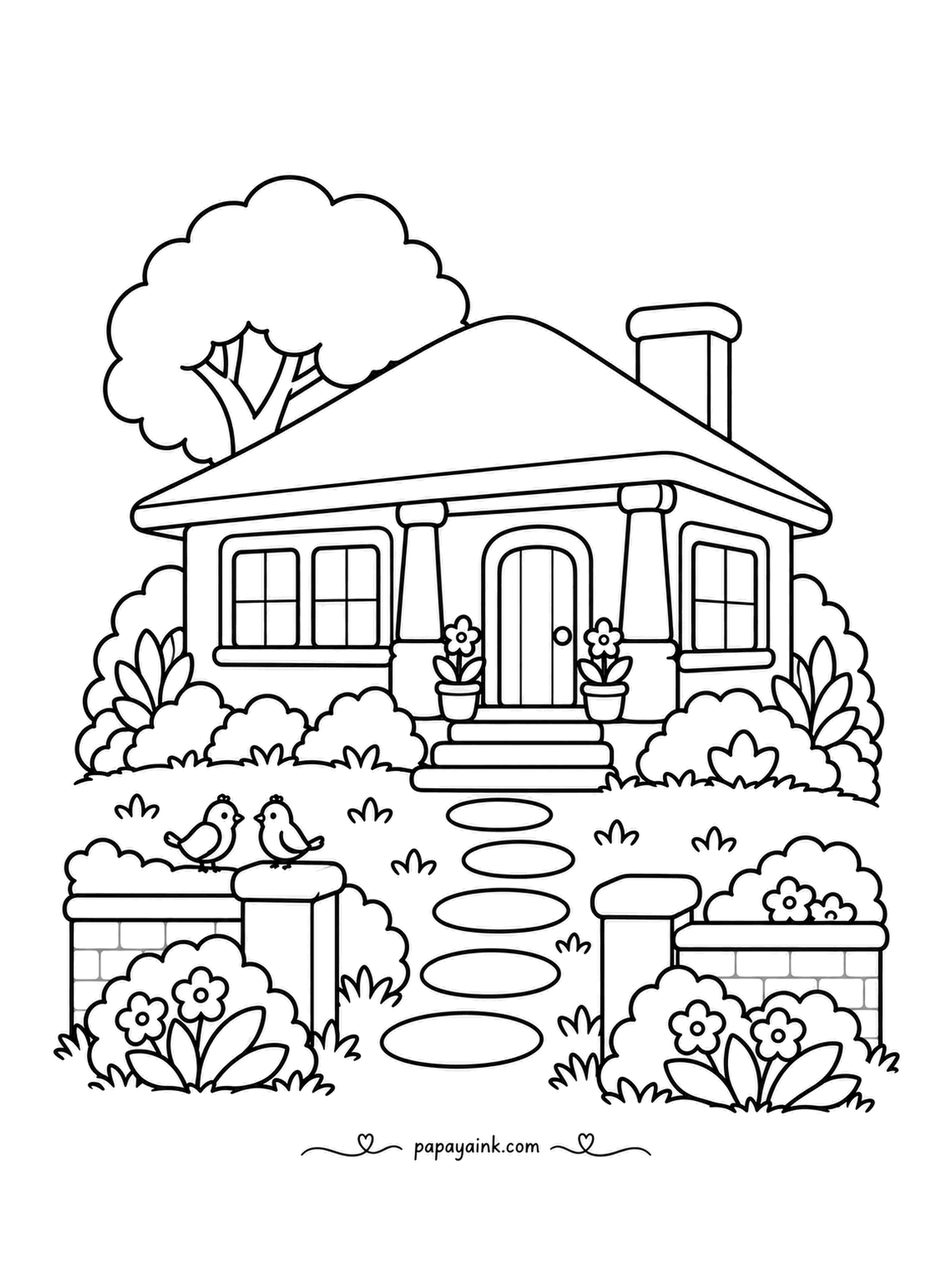 House Coloring Pages - Low hipped roof, deep eaves and square porch piers: Prairie style, drawn small. Two birds have taken the top of one brick gatepost, and flowers crowd the flagstones. Earth tones suit it - tan walls, brown roof, green everywhere else.