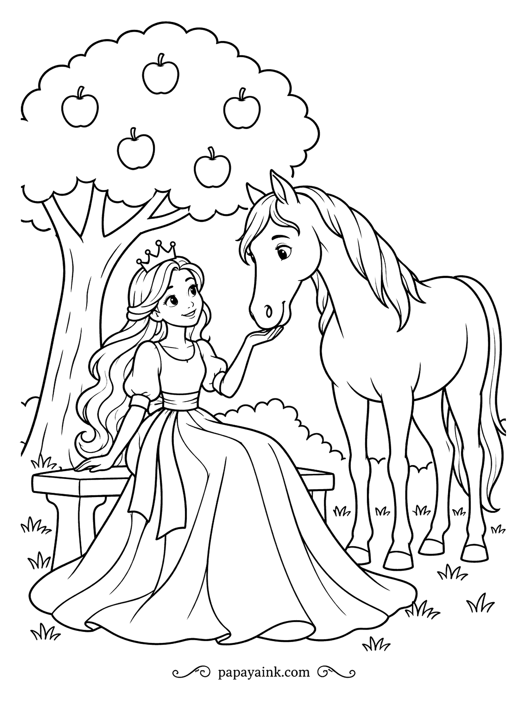 Free Printable Princess Coloring Pages - Ripe apples hang over a garden bench where a princess sits with her hand cupped under a horse's chin. The horse seems to be waiting for one of those apples to drop. Red fruit against green leaves is the obvious move, and it works.