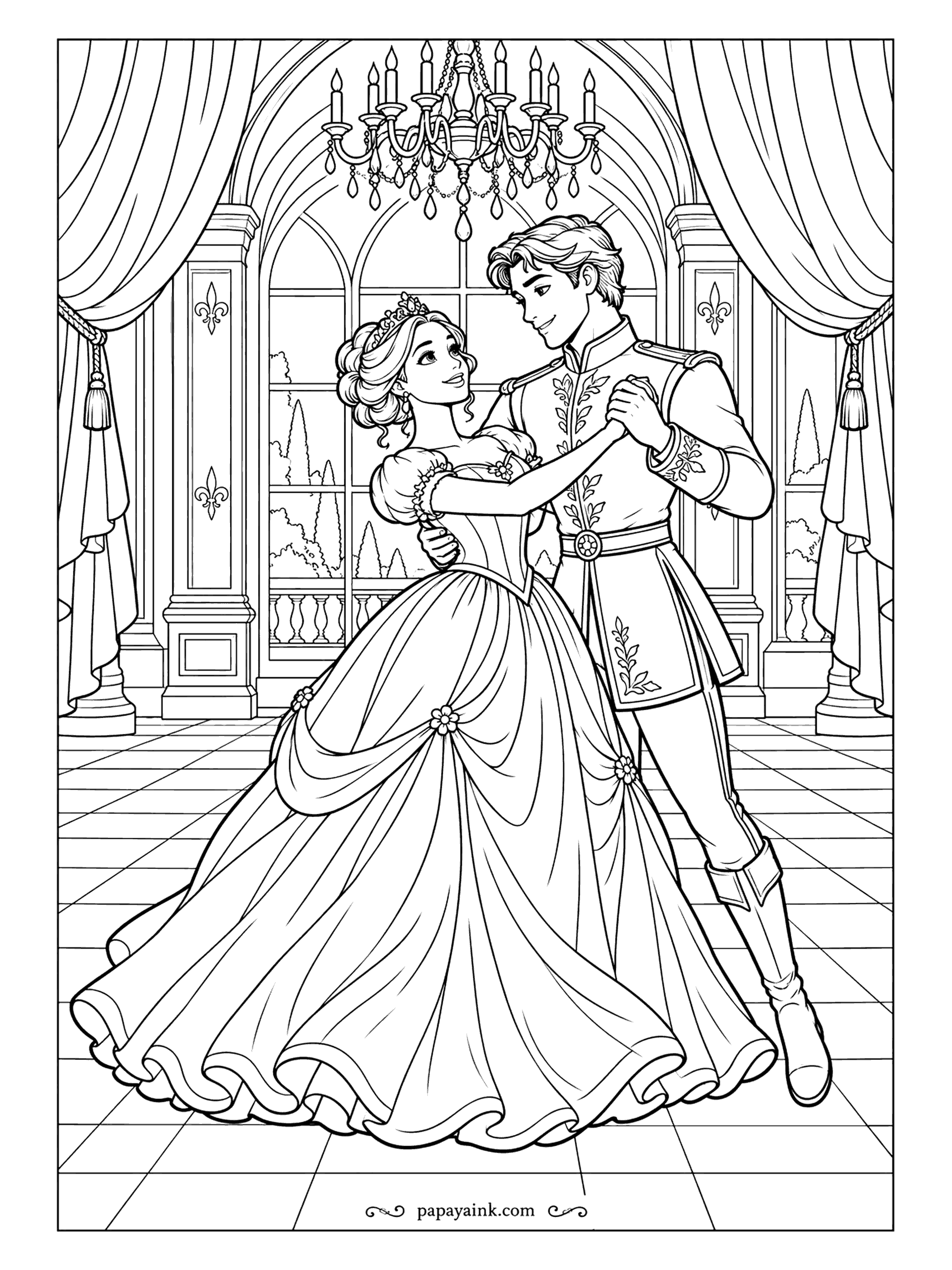 Free Printable Princess Coloring Pages - Chandelier lit, curtains tied back, nobody else on the dance floor. The prince's coat is embroidered down the front and the gown is gathered in layers. Tiled floor, tall windows and tassels make this a long sitting. Detailed.