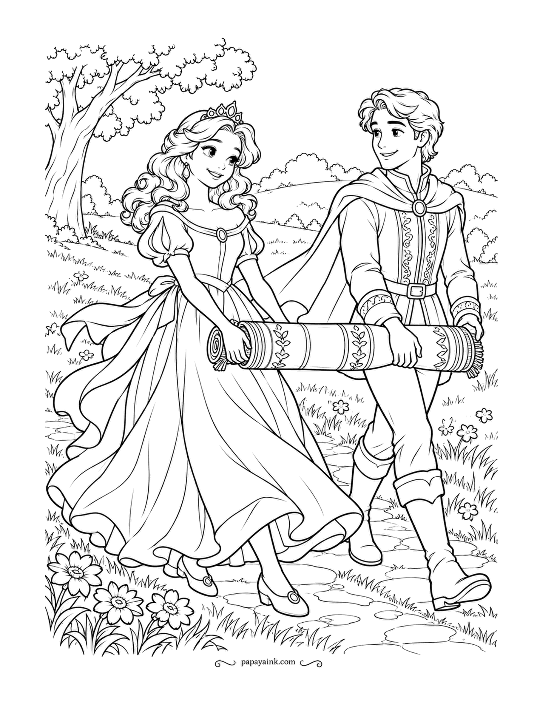 Free Printable Princess Coloring Pages - Carrying the rug is the prince's job; choosing the spot is hers. They cross the meadow under an old oak with the blanket rolled between them, cape and skirt both catching the wind. Invent your own stripes for the rug.