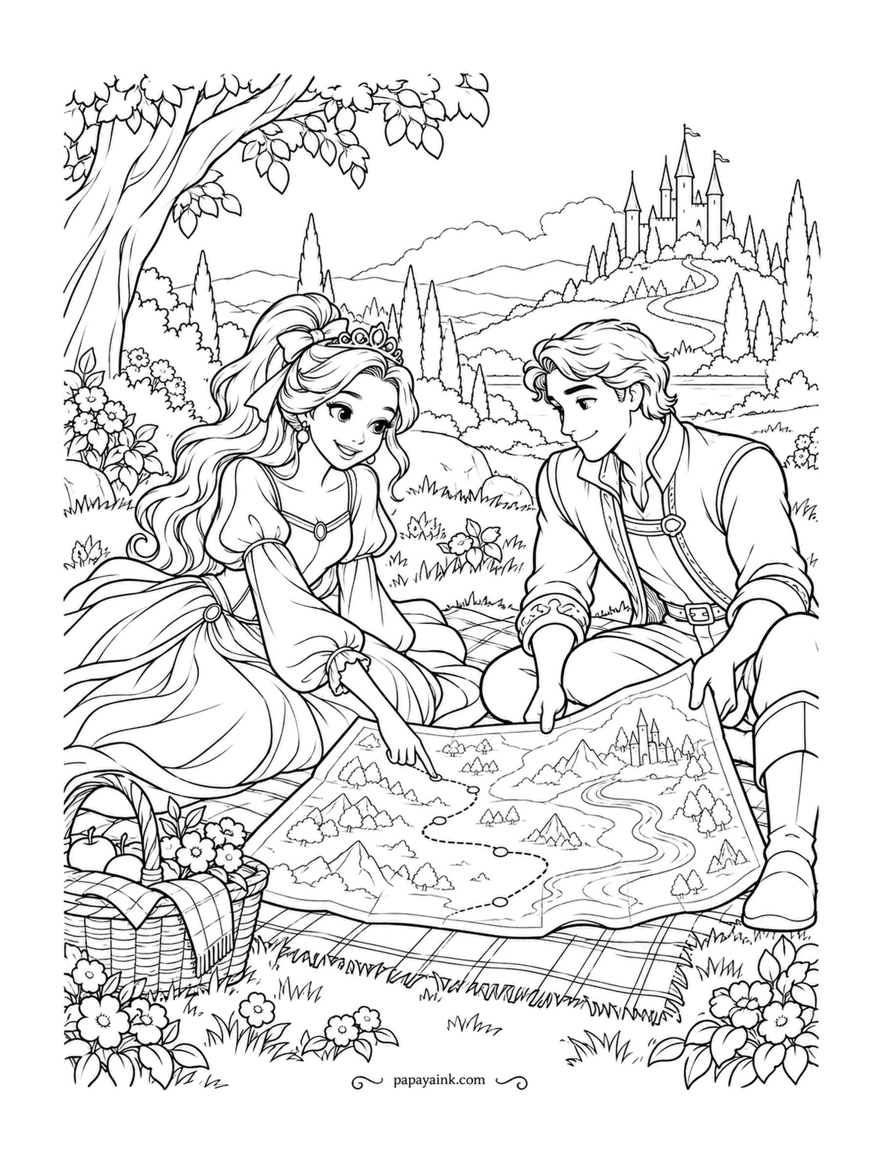 Free Printable Princess Coloring Pages - Picnic first, expedition second. The map spread over the blanket has a dotted route that winds past hills and forests, and the princess has already picked the first stop. Detailed - a basket of apples, a plaid blanket and flowers all round.