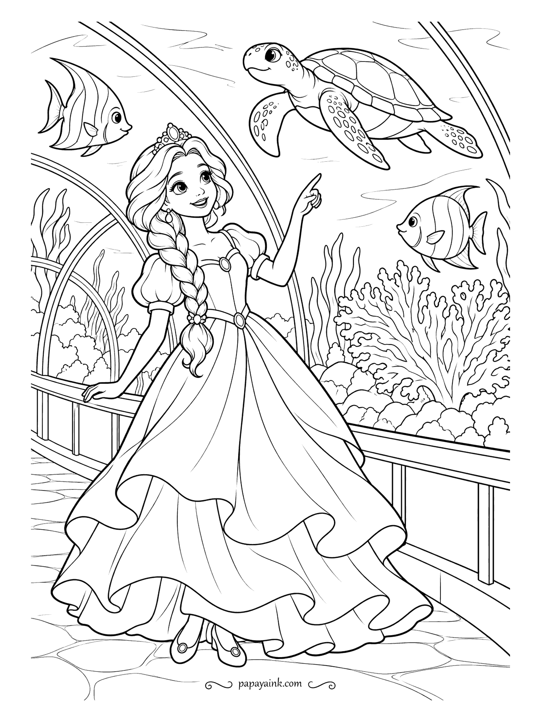 Free Printable Princess Coloring Pages - A glass tunnel with a sea turtle passing overhead and two angelfish keeping their distance, coral along the floor of the tank. She points, as everyone does. Blues and greens for the water, the turtle in olive.