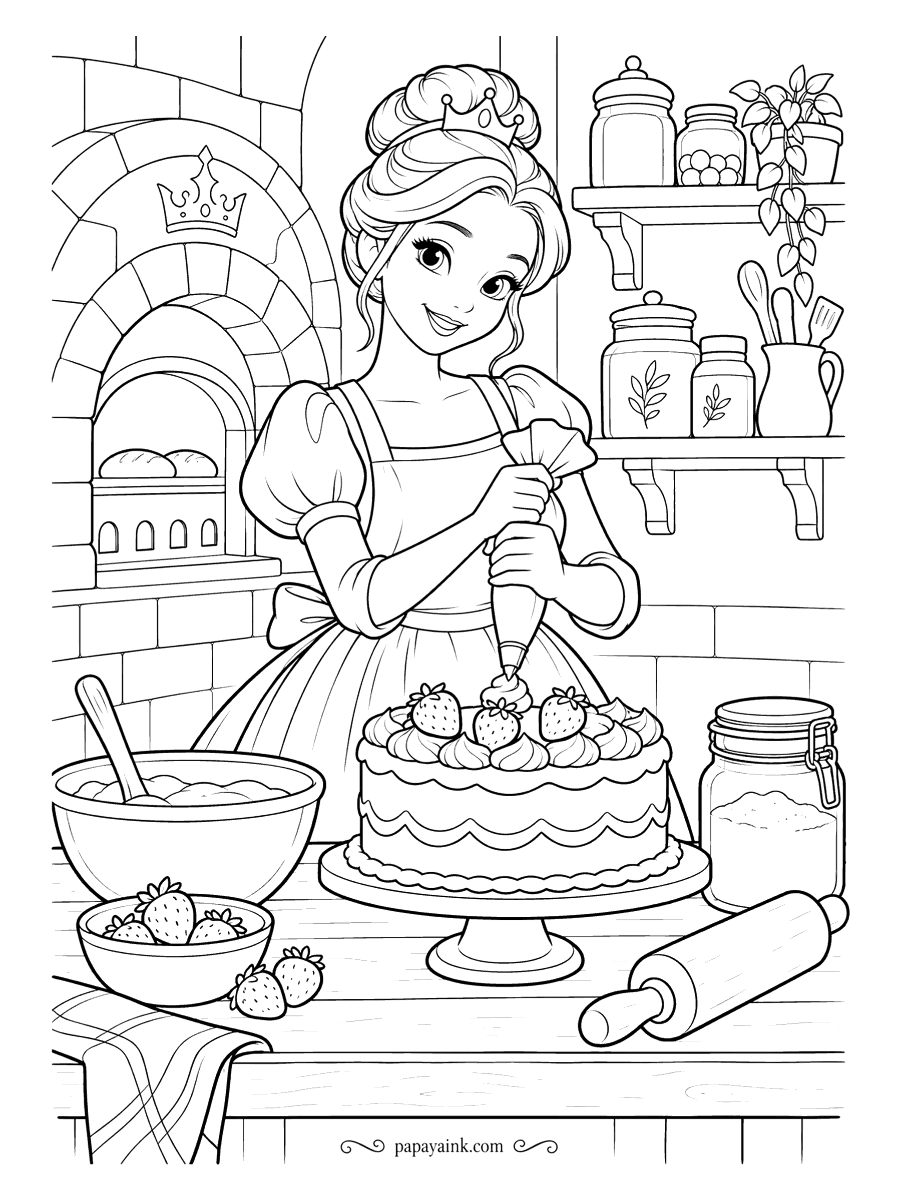 Free Printable Princess Coloring Pages - Piping bag in both hands, apron over the gown, and a crown that stayed on for the occasion. The cake sits on a stand between a mixing bowl and a jar of flour, bread baking in the oven. Pinks and creams, then a darker shelf.