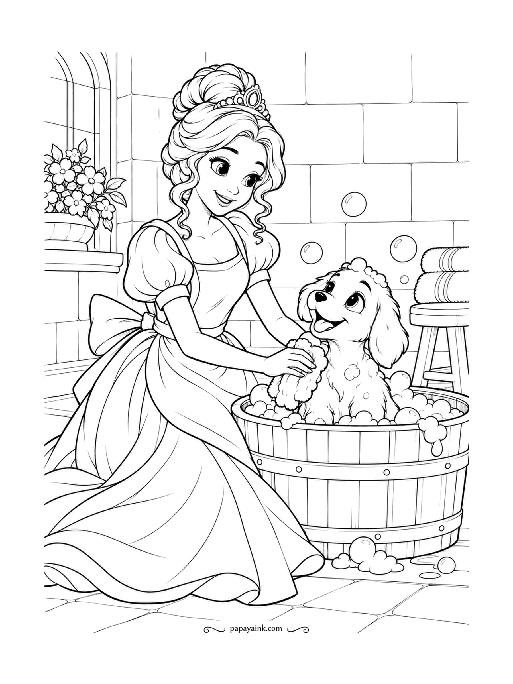 Free Printable Princess Coloring Pages - Bath time, and the puppy is enjoying it more than expected. He sits in a wooden tub up to his chest in suds while she scrubs behind his ears, foam drifting past the towels on the stool. Leave the suds white against a grey wall.