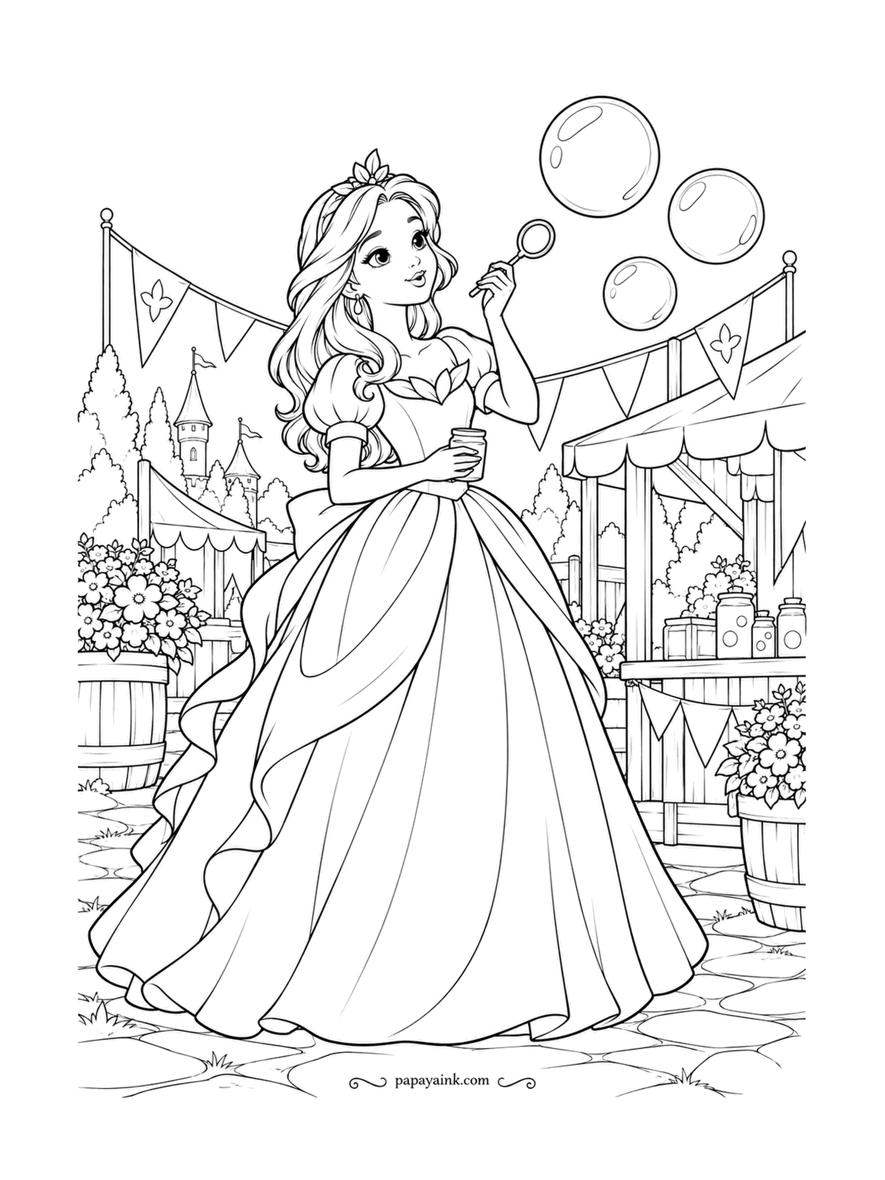 Free Printable Princess Coloring Pages - Bubbles the size of melons drift over the fair tent, and the princess is already loading the wand for more. Bunting, stalls and jars of soap frame the square. A rainbow sheen on each bubble is the whole point of this page.
