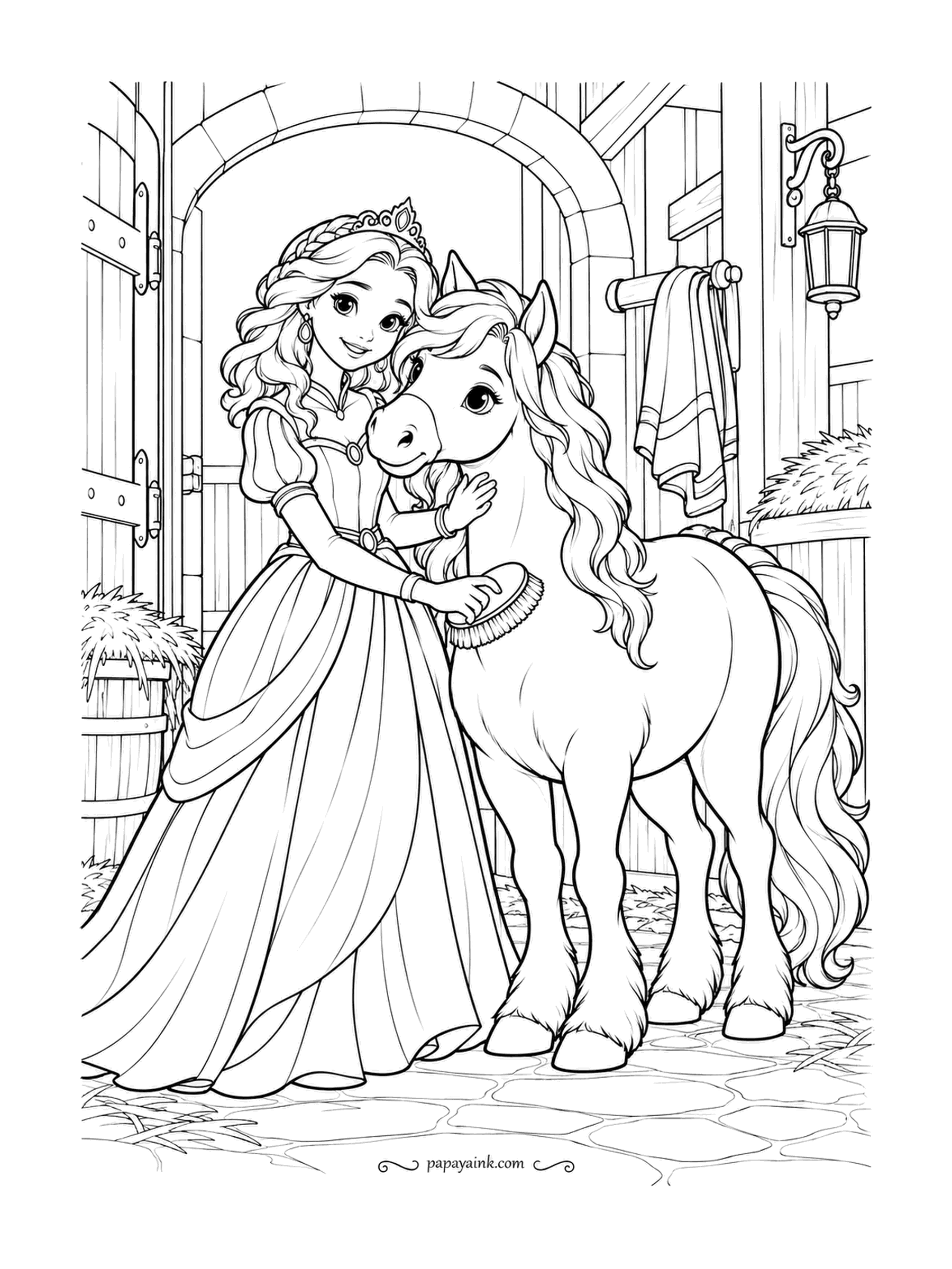 Free Printable Princess Coloring Pages - Stable duty in a ball gown. She works a brush through the pony's mane while he leans into it like a large dog, and a lantern hangs by the stall door. A soft brown pony against a pale dress looks best here.