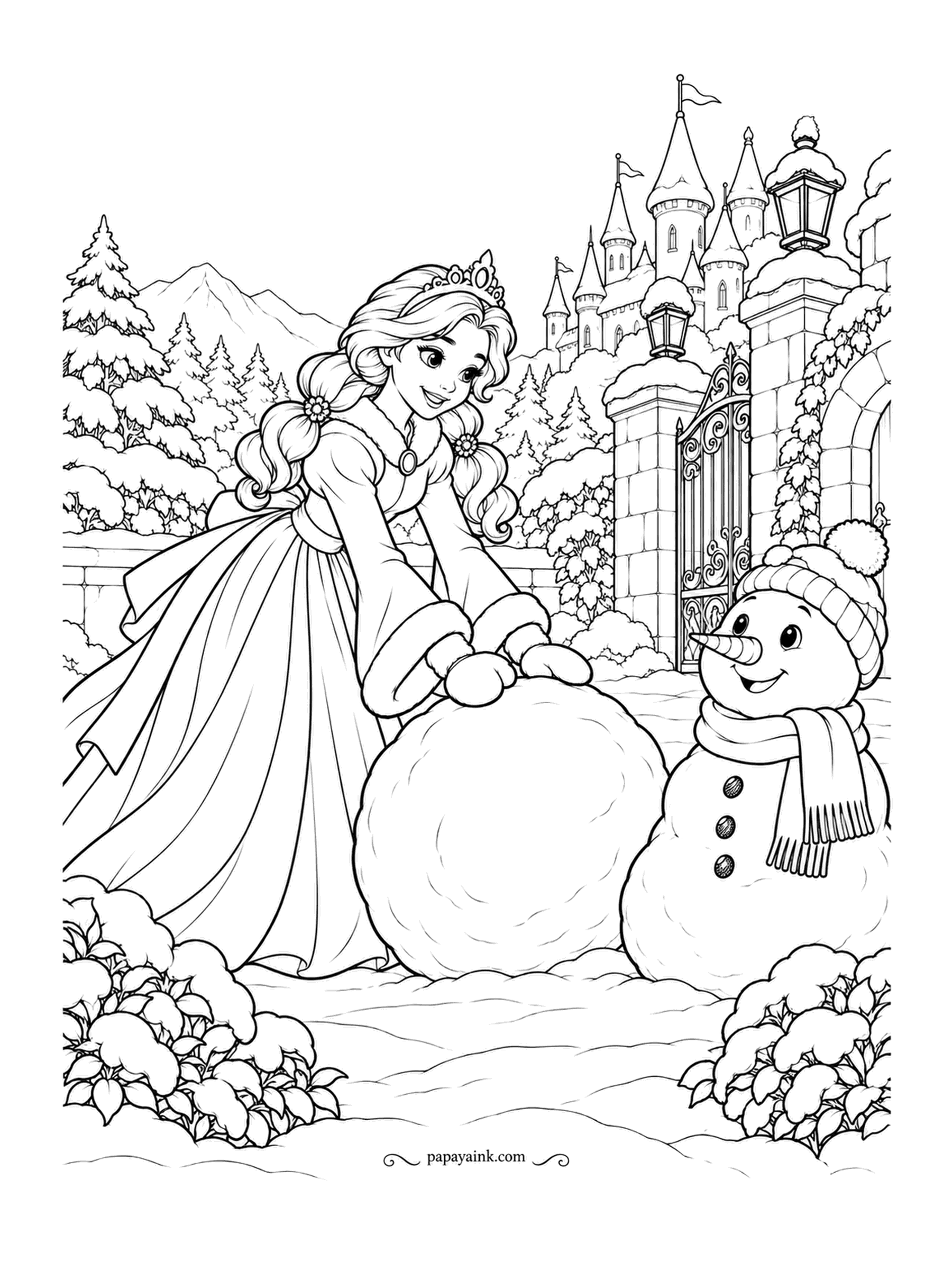 Free Printable Princess Coloring Pages - The snowman got the hat and the scarf; the princess got cold mittens and no regrets. She packs the last snowball beside him at the garden gate, with snow-topped firs and the palace beyond the wall. Soft blue shadows keep the snow from staying blank.