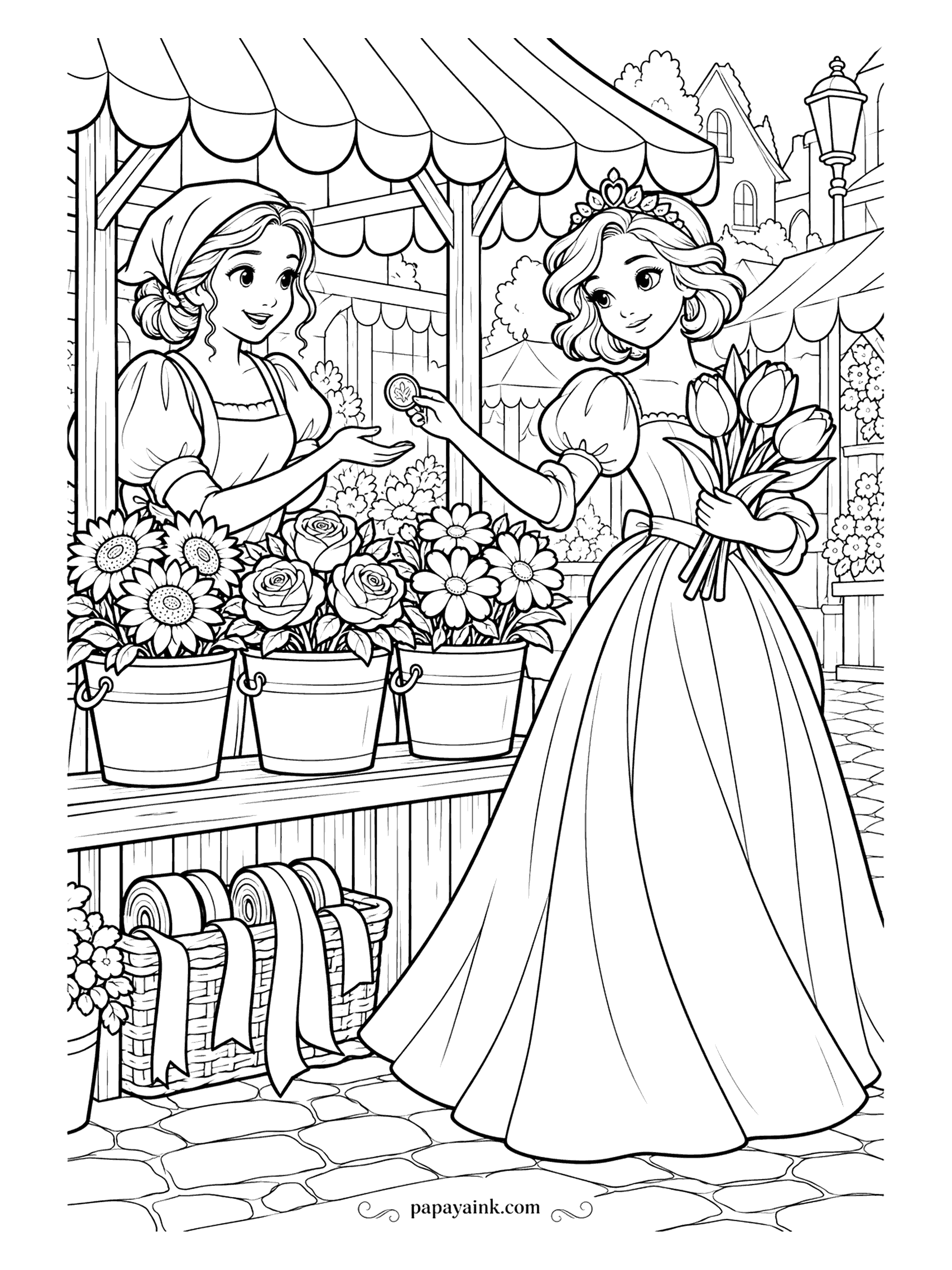 Free Printable Princess Coloring Pages - A coin for a bunch of tulips at a striped-awning stall, with sunflowers, roses and daisies in buckets along the counter. Ribbons wait in the basket below. Each bucket its own flower color; the awning in two stripes.