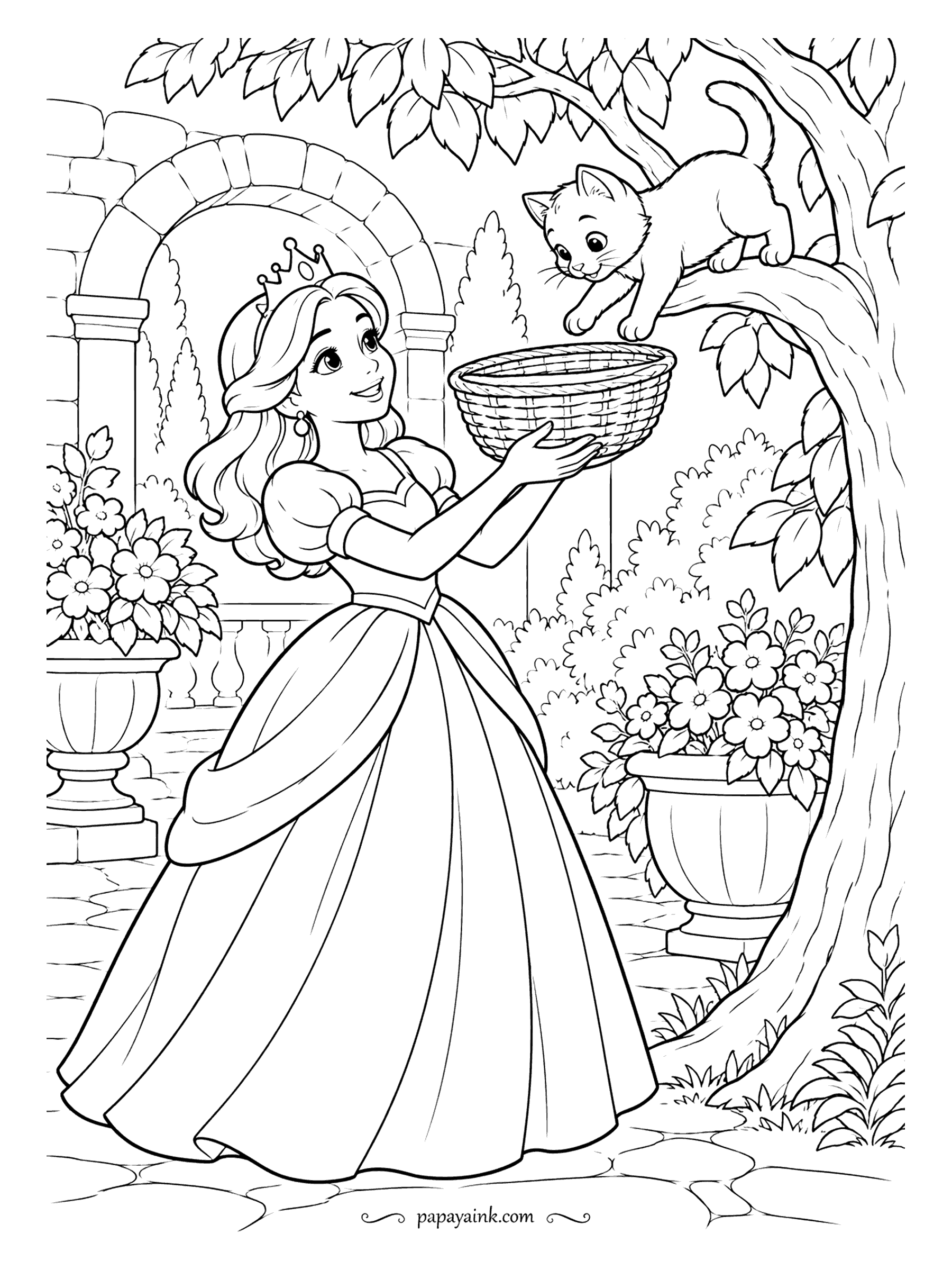 Free Printable Princess Coloring Pages - Basket held up, kitten stalled on the branch, both of them pretending this is going fine. The courtyard has an arch, two urns of flowers and a tree that could have been climbed a little lower. Green for the leaves, something bold for the kitten.