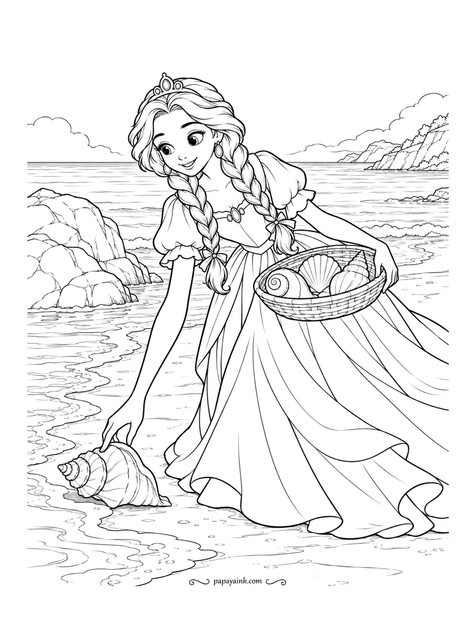 Free Printable Princess Coloring Pages - Low tide, and the basket is already half full of scallops and one big spiral shell. She bends for a conch at the waterline, braids swinging, with cliffs along the bay. Sandy beiges, a pale sea, and let the shells carry the color.