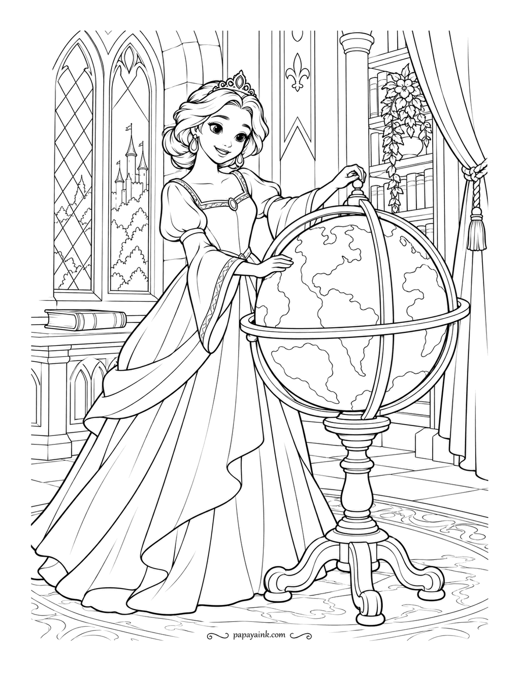 Free Printable Princess Coloring Pages - Somewhere on that globe is a kingdom she has not visited yet. She turns it slowly in the library, with books stacked on the desk and a tall arched window behind her. Paint the oceans one shade and let the continents stay light.