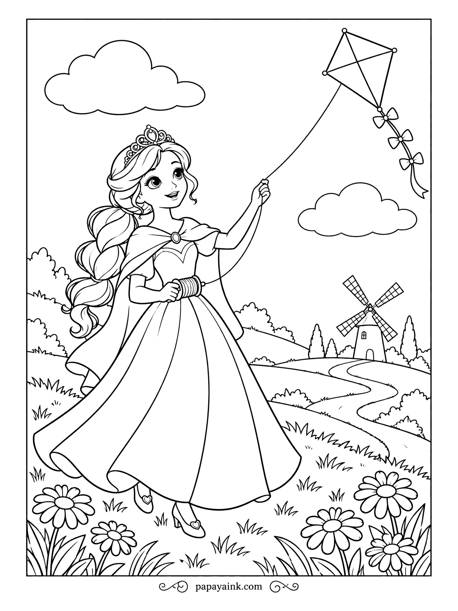 Free Printable Princess Coloring Pages - Kite up, string taut, with a windmill turning on the far hill and daisies at her feet. The meadow is open shapes with few lines, so it suits big crayons. Give the kite a color nothing else on the page has.