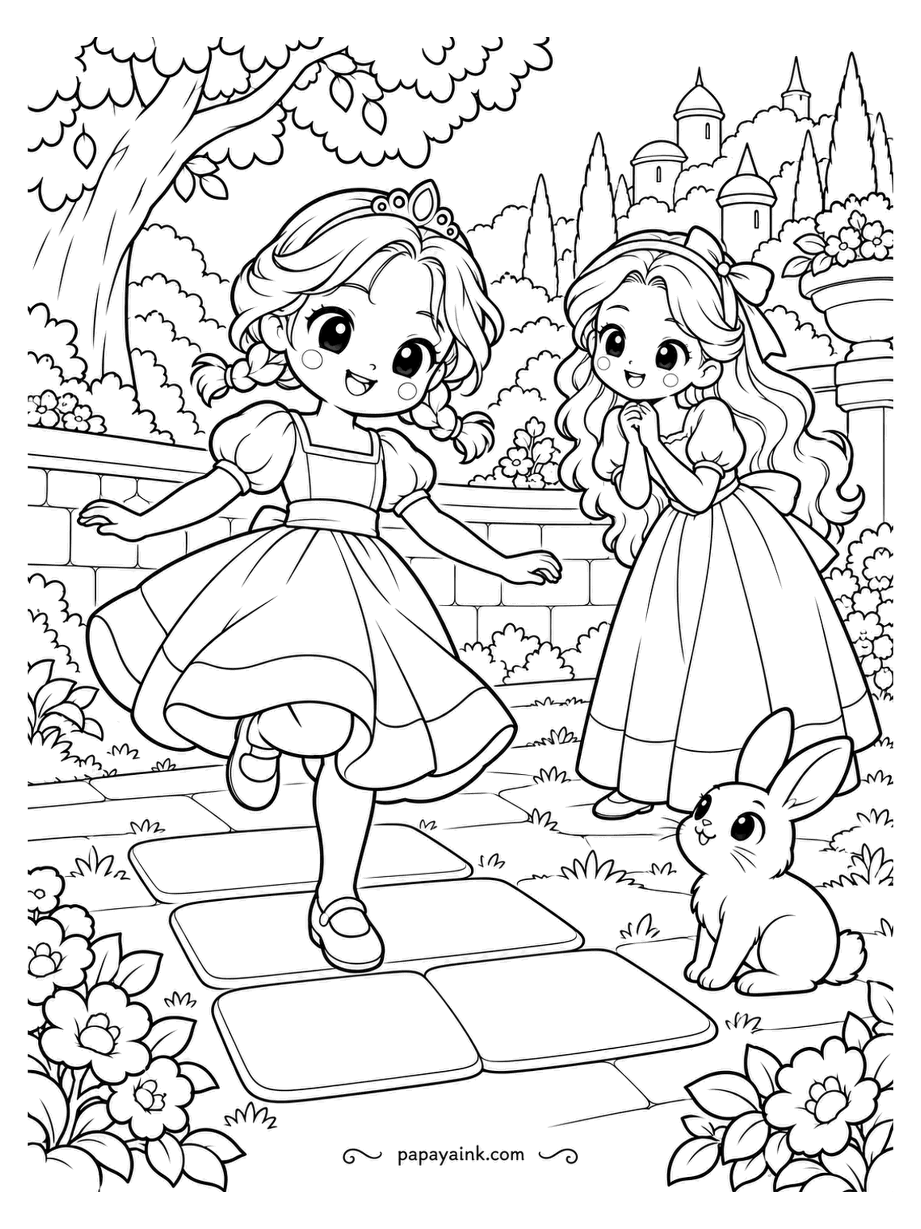 Kawaii Princess Coloring Pages - Hopscotch on flagstones, no chalk needed. The princess with the braids is mid-hop on one foot, her friend holds her breath by the wall, and the rabbit has counted the squares. Give each flagstone its own gray so they read as separate.