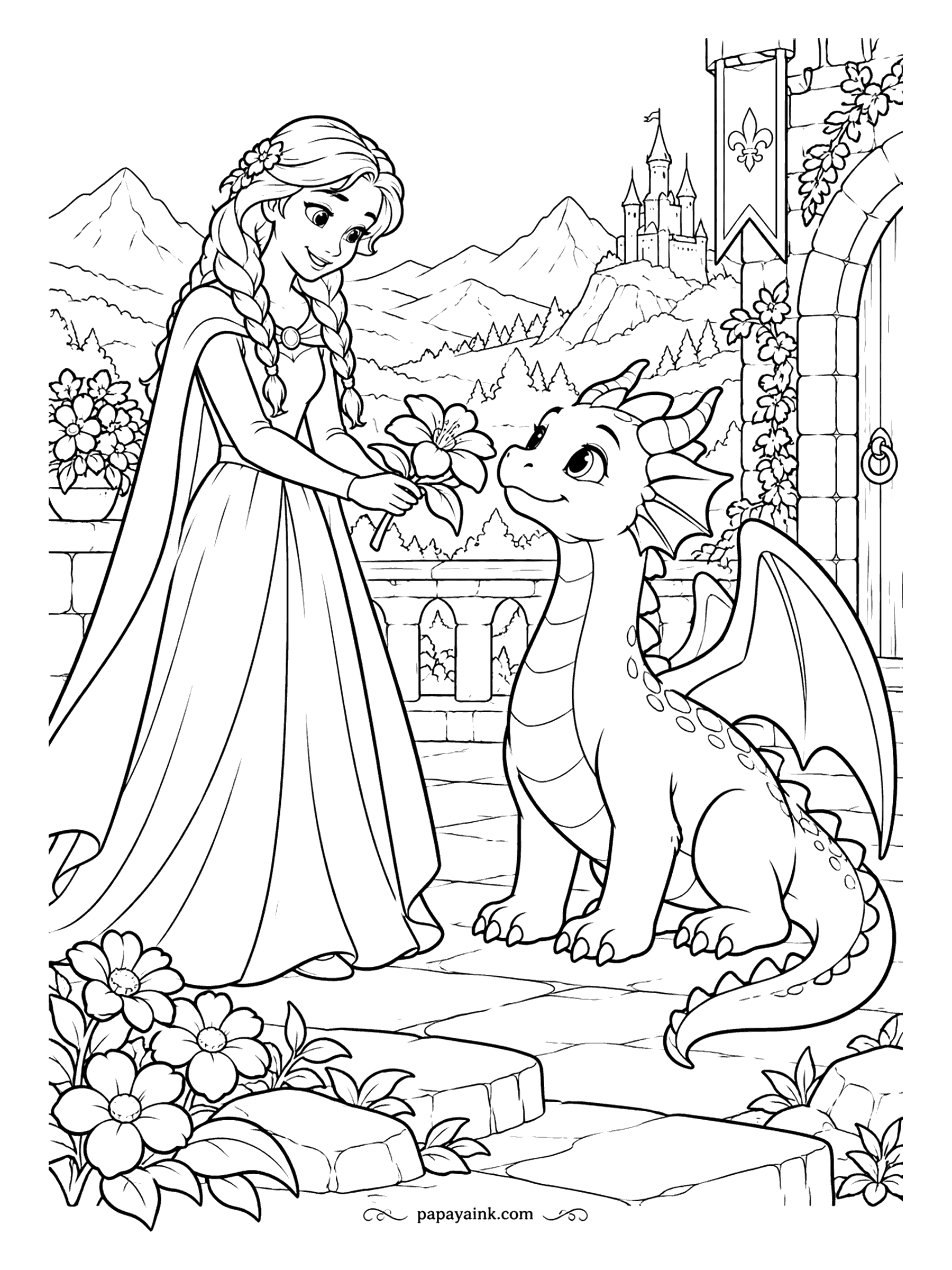 Free Printable Princess Coloring Pages - A lily offered to a baby dragon who has never been given anything before. He sits on the terrace with wings half open and tail over the edge, under a banner with a fleur-de-lis. The scales are the fun part here.