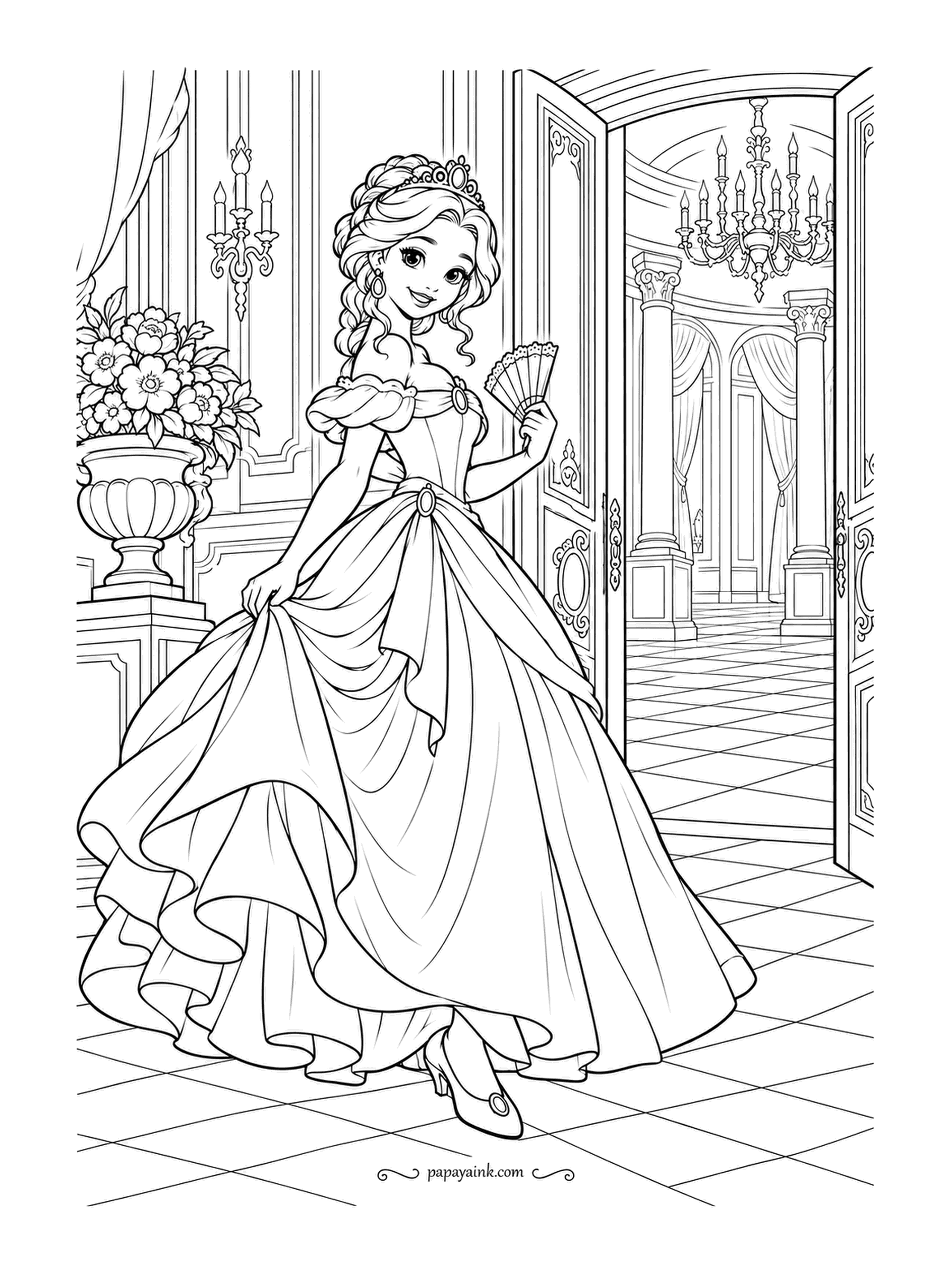 Free Printable Princess Coloring Pages - Fan in hand, skirt lifted just enough for the stairs, the princess pauses at the open doors of the ballroom. Beyond her a chandelier and marble columns wait in the next room. Detailed - tiled floor, drapes and a vase of flowers to fill.