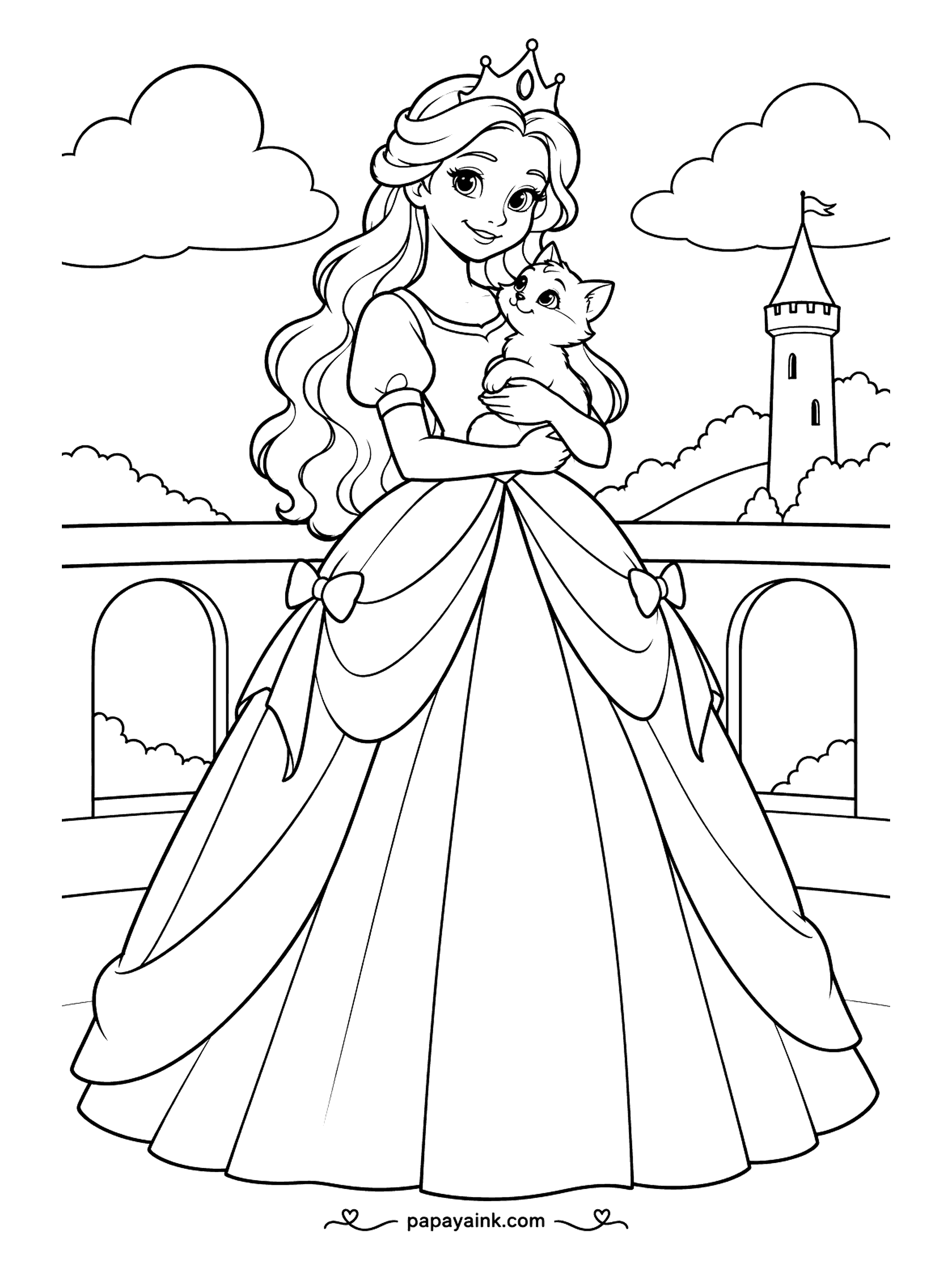 Free Printable Princess Coloring Pages - From a stone balcony, a princess cuddles a fluffy kitten while clouds drift past a single tower in the background. Bows pin up the gown's draped overskirt at either hip. Try a sky blue gown to echo the clouds behind her.