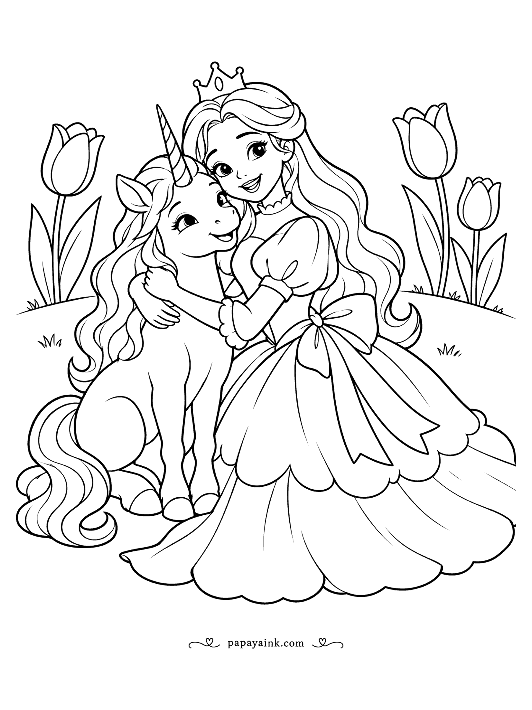 Free Printable Princess Coloring Pages - A unicorn leans in for a hug on a tulip meadow, and the princess wraps her arms around its neck. Their manes tangle into one long wave of curls. Try two different hair colors so you can tell whose curl is whose.