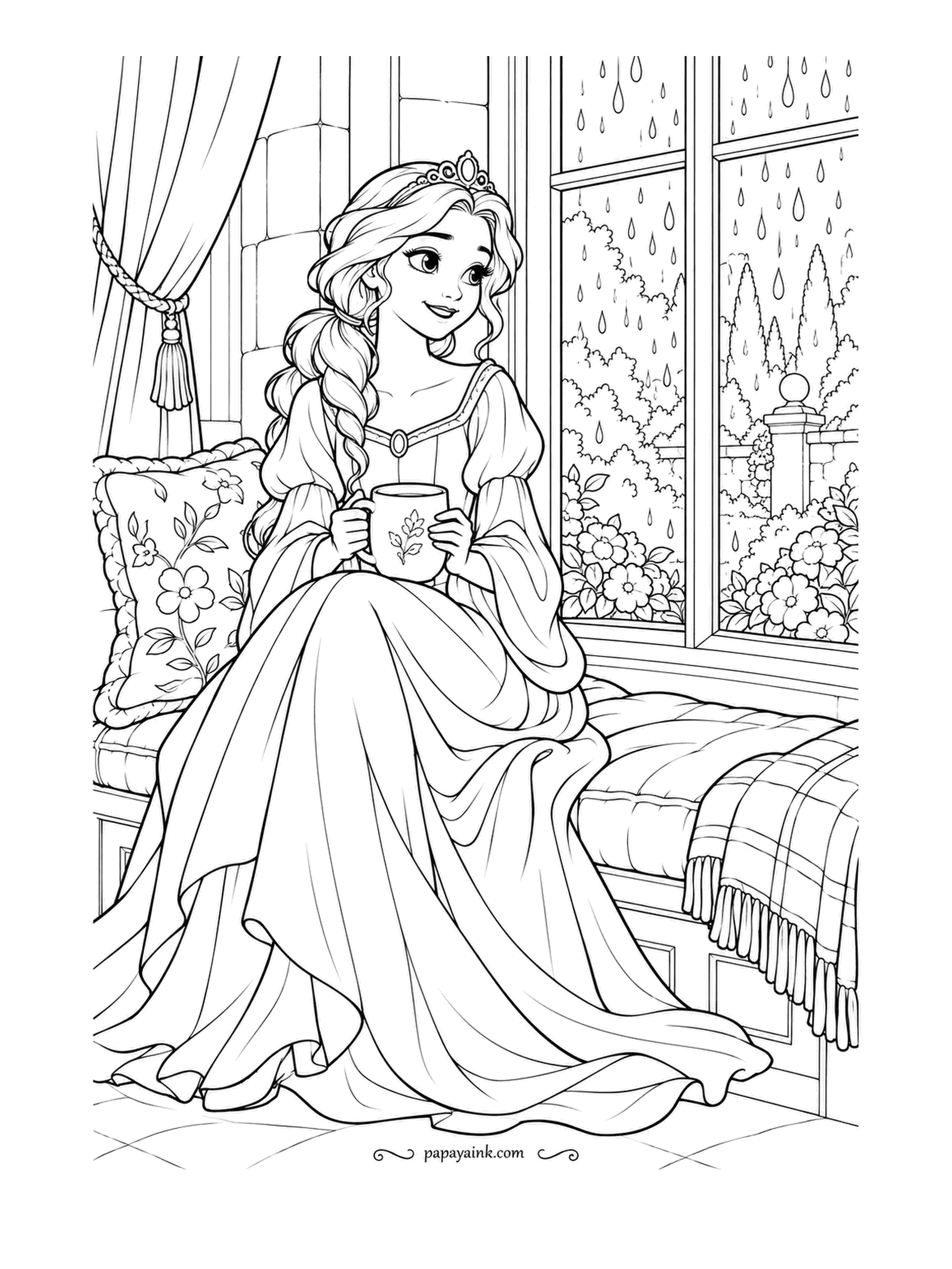 Free Printable Princess Coloring Pages - Rain on the glass, tea in both hands, and nowhere she needs to be. She sits in the window seat on a tartan blanket with embroidered cushions, hedges and a garden urn blurred outside. Quiet greys, with one warm color saved for the mug.
