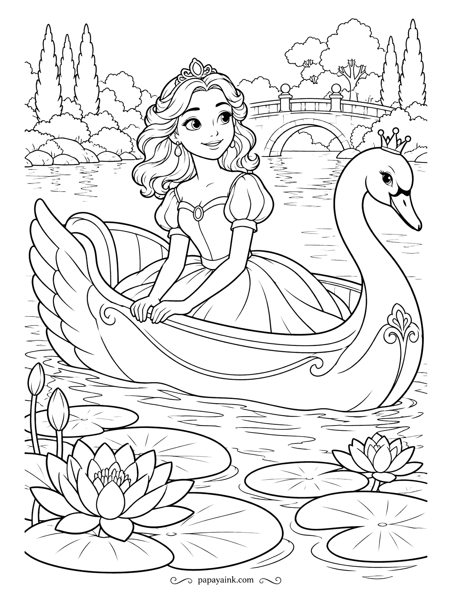 Free Printable Princess Coloring Pages - The boat is a swan, and the swan wears a crown, so it outranks the passenger. She drifts past lily pads with an arched bridge upstream and a lotus in bloom at the bow. Water in two blues, lilies in anything but blue.