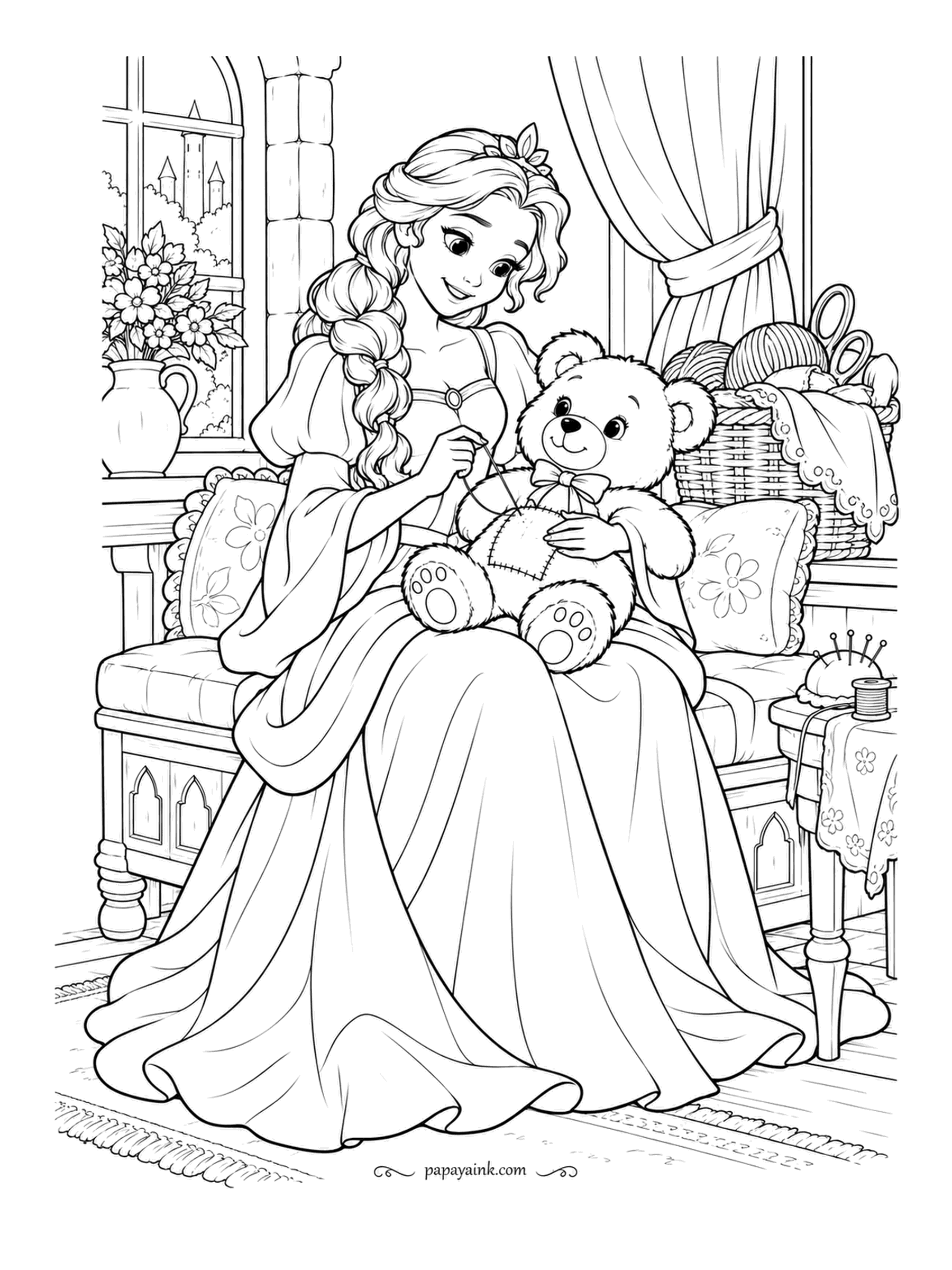 Free Printable Princess Coloring Pages - The teddy bear has a patch on his tummy and a very brave face about it. She sews it on at the window seat, pincushion within reach. Use a warm honey shade for the bear and make the patch a different fabric.
