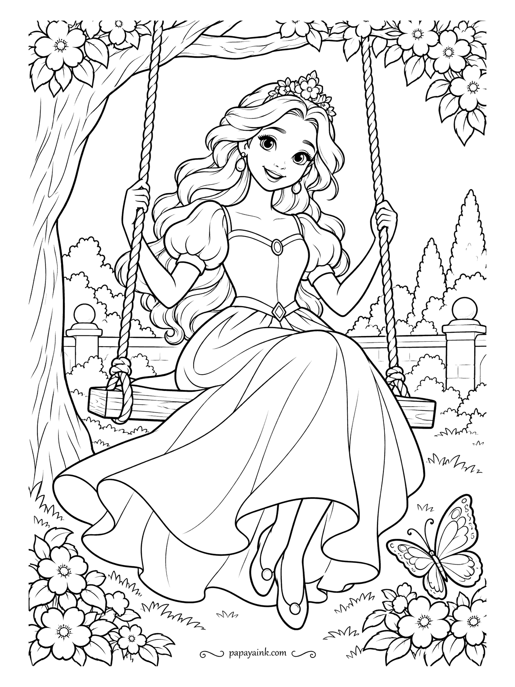 Free Printable Princess Coloring Pages - Ropes gripped, feet off the ground, hair and skirt mid-swing under a flowering branch. A butterfly keeps pace on the right and a low stone wall runs along the back. Blossoms in pink or white, a dress that lifts off the grass.