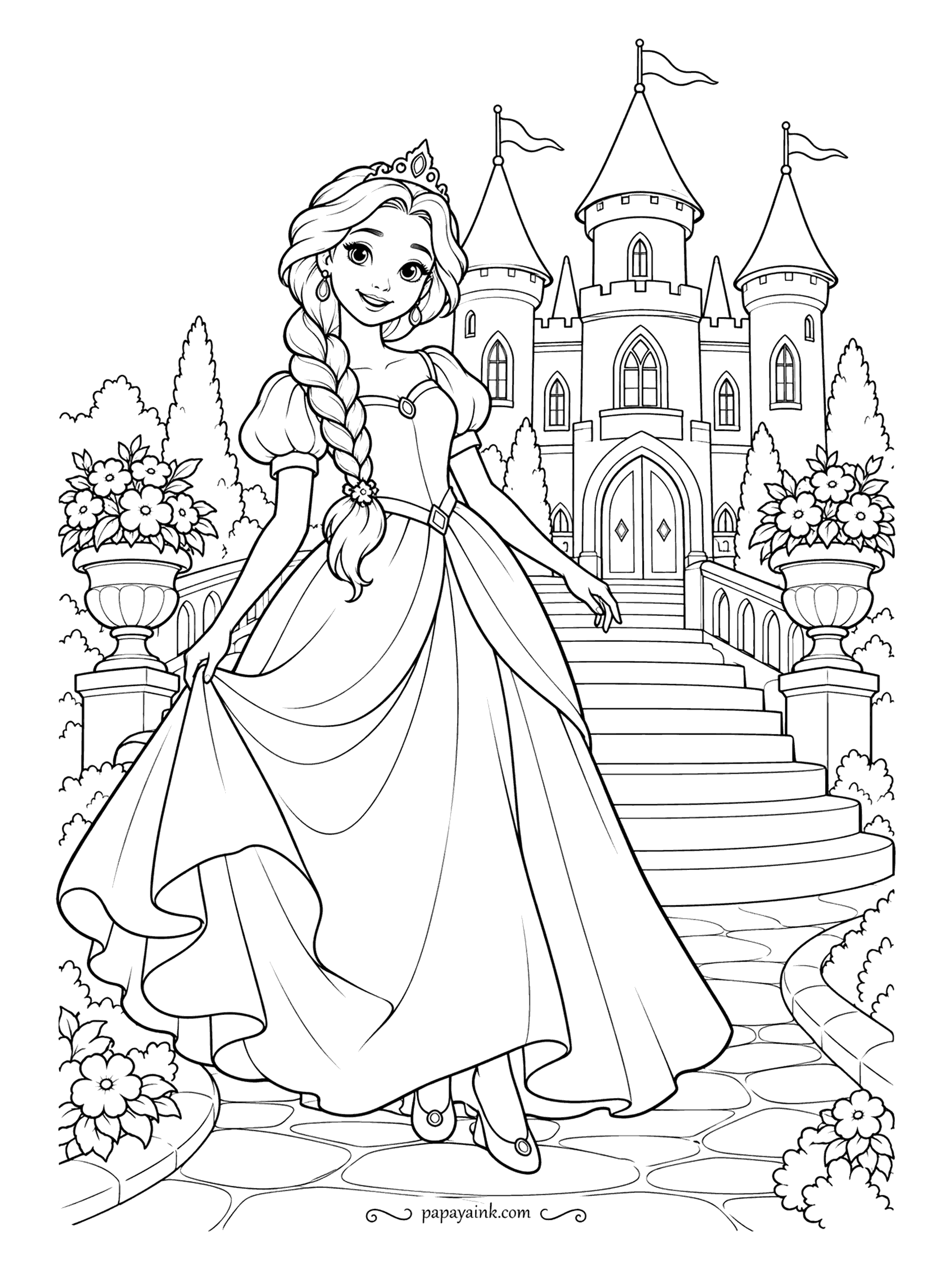 Free Printable Princess Coloring Pages - Down the garden steps with the hem lifted just enough to clear the paving. Three towers with flags and two urns of flowers frame her, and the castle is the half that takes patience. Warm tones for the walls, and let the dress stay pale.