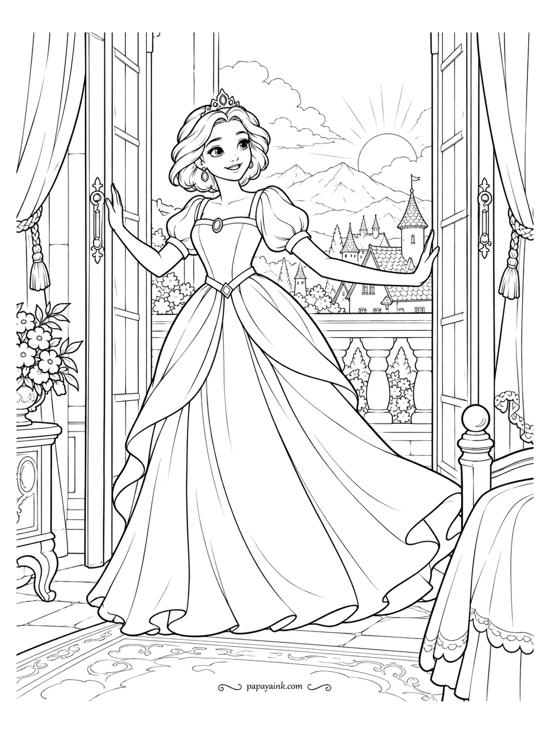 Free Printable Princess Coloring Pages - First light, and the shutters swing open on a whole town below the balcony. Rooftops, a clock tower and mountains fill the frame, with the sun just clearing the ridge. Try a sunrise gradient in the sky and keep the room cool and shaded.