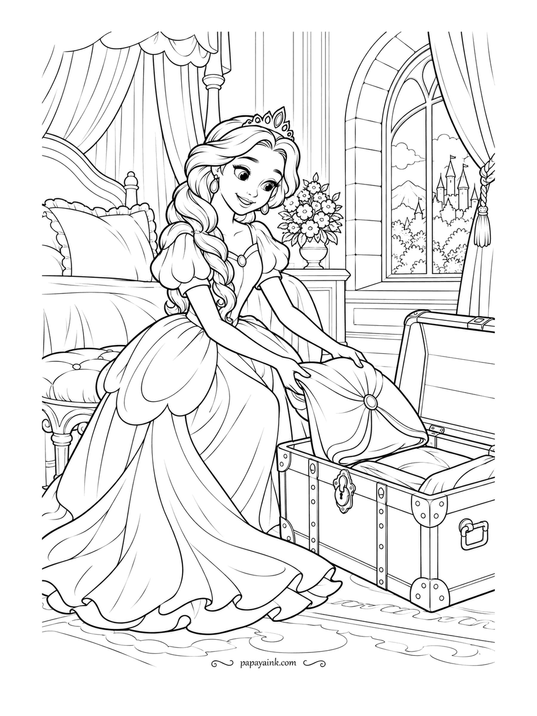 Free Printable Princess Coloring Pages - The trunk is nearly full and the cushion still has to fit. She kneels by the open lid with a four-poster bed and a tall window behind her, so it is clearly a long trip. Detailed - canopy drapes, brass fittings, a vase of flowers.